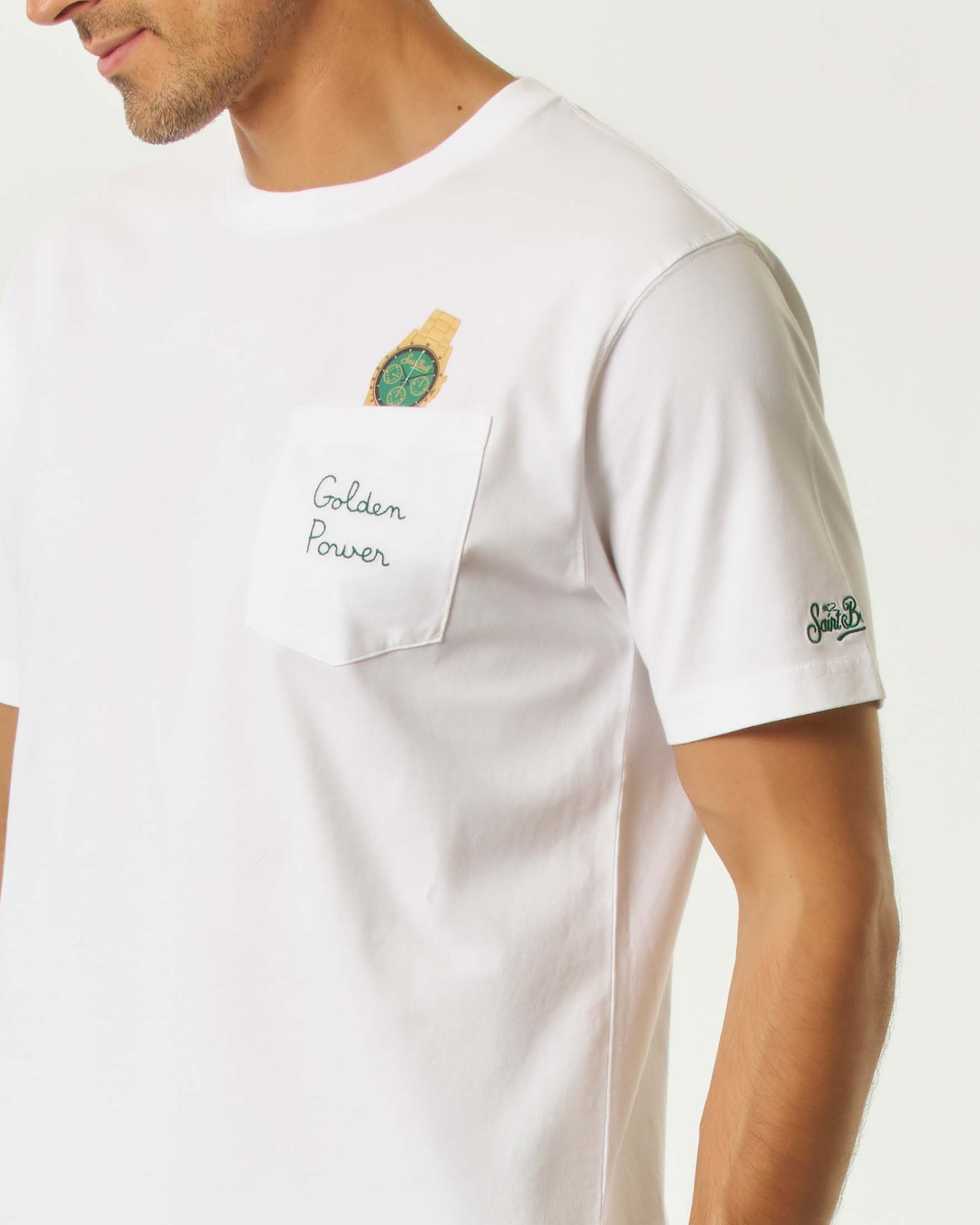 T-shirt MC2 Saint Barth bianca mezza manica con taschino e stampa orologio sul petto image