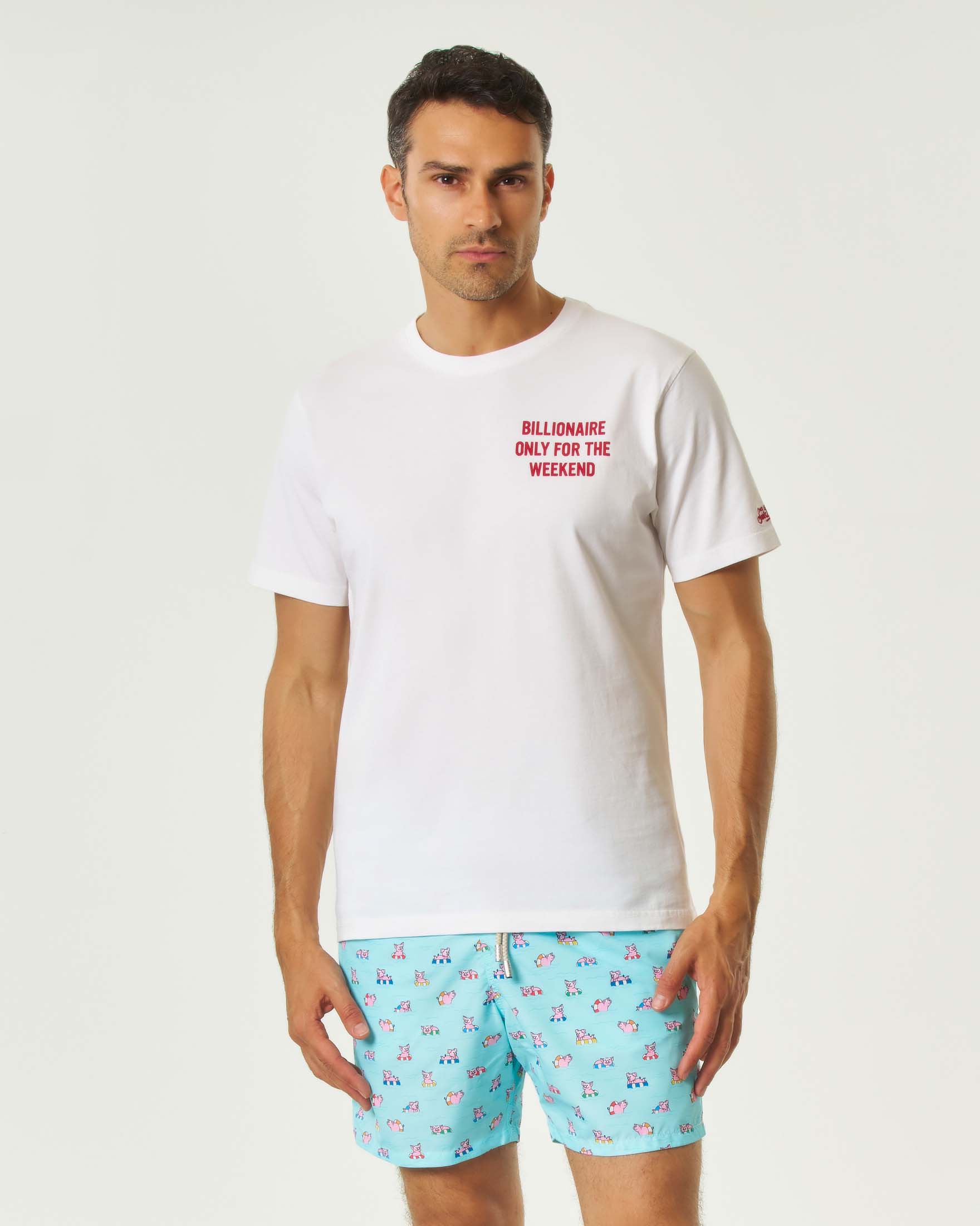 T-shirt bianca mezza manica con scritta Billionaire only for the weekend fronte e retro