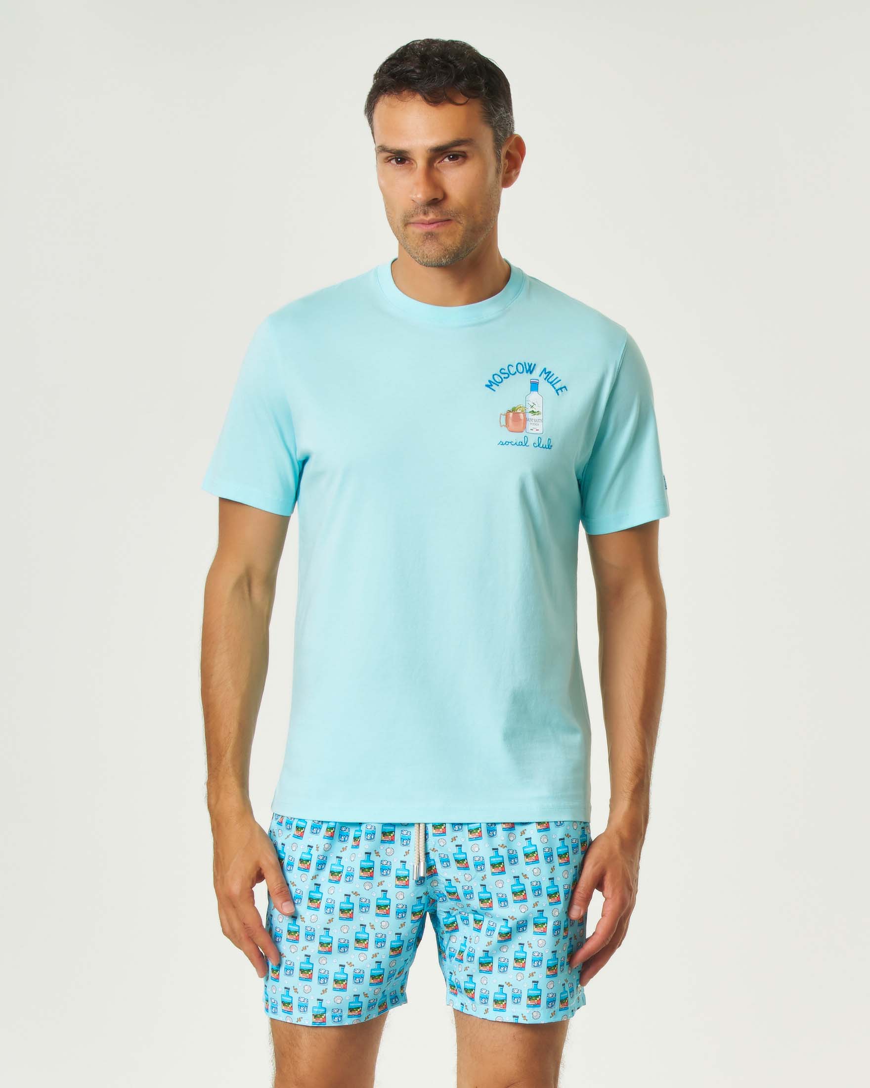 T-shirt color acqua mezza manica con ricamo Moscow Mule social club sul petto