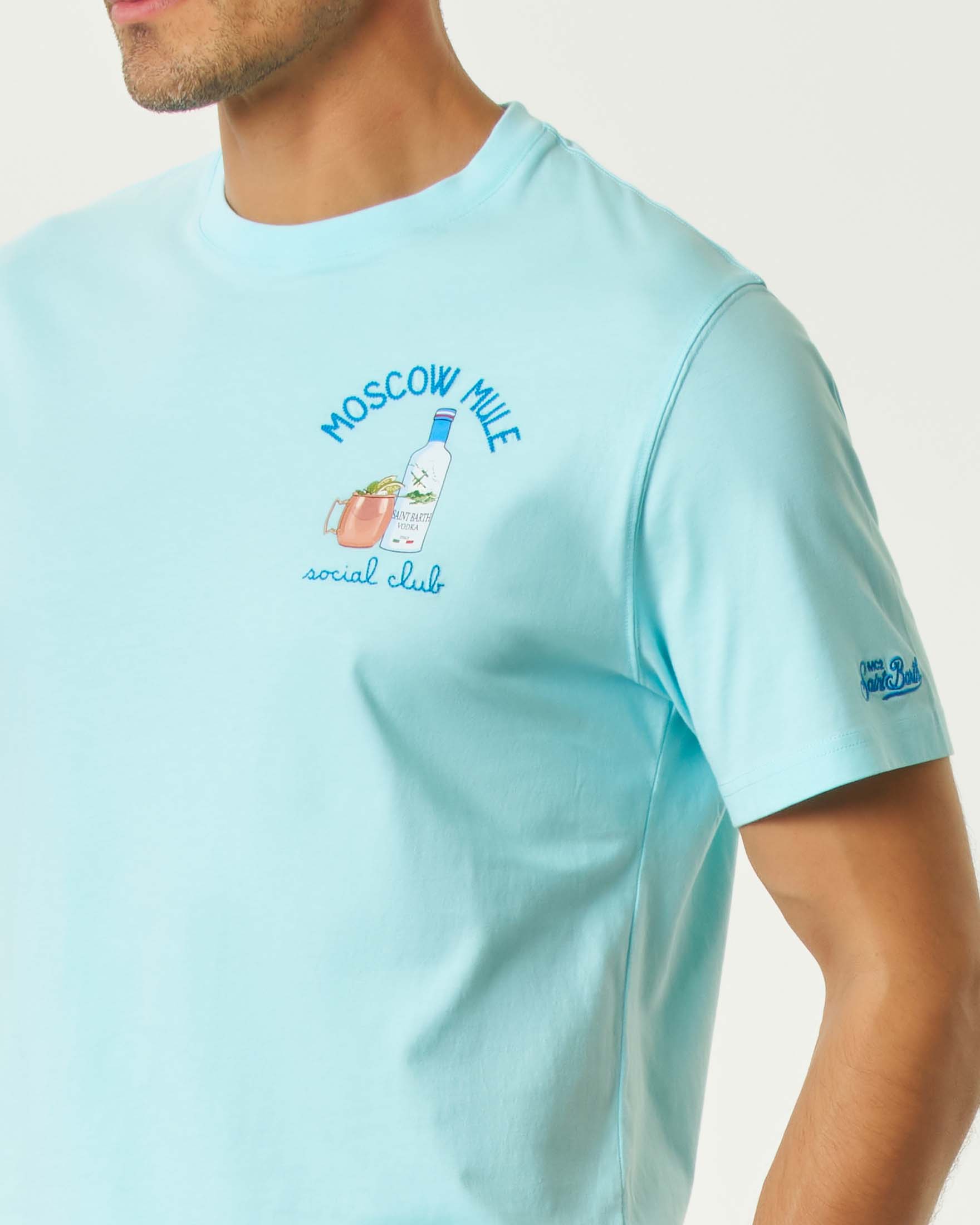 T-shirt MC2 Saint Barth color acqua mezza manica con ricamo Moscow Mule social club sul petto image