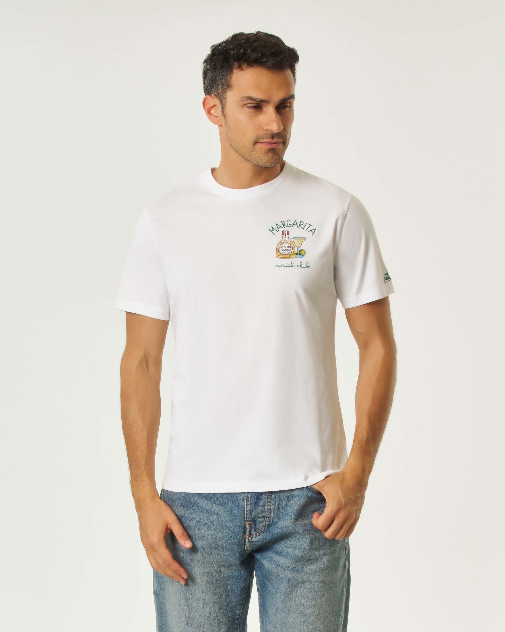 T-shirt MC2 Saint Barth bianca mezza manica con ricamo Margarita social club sul petto
