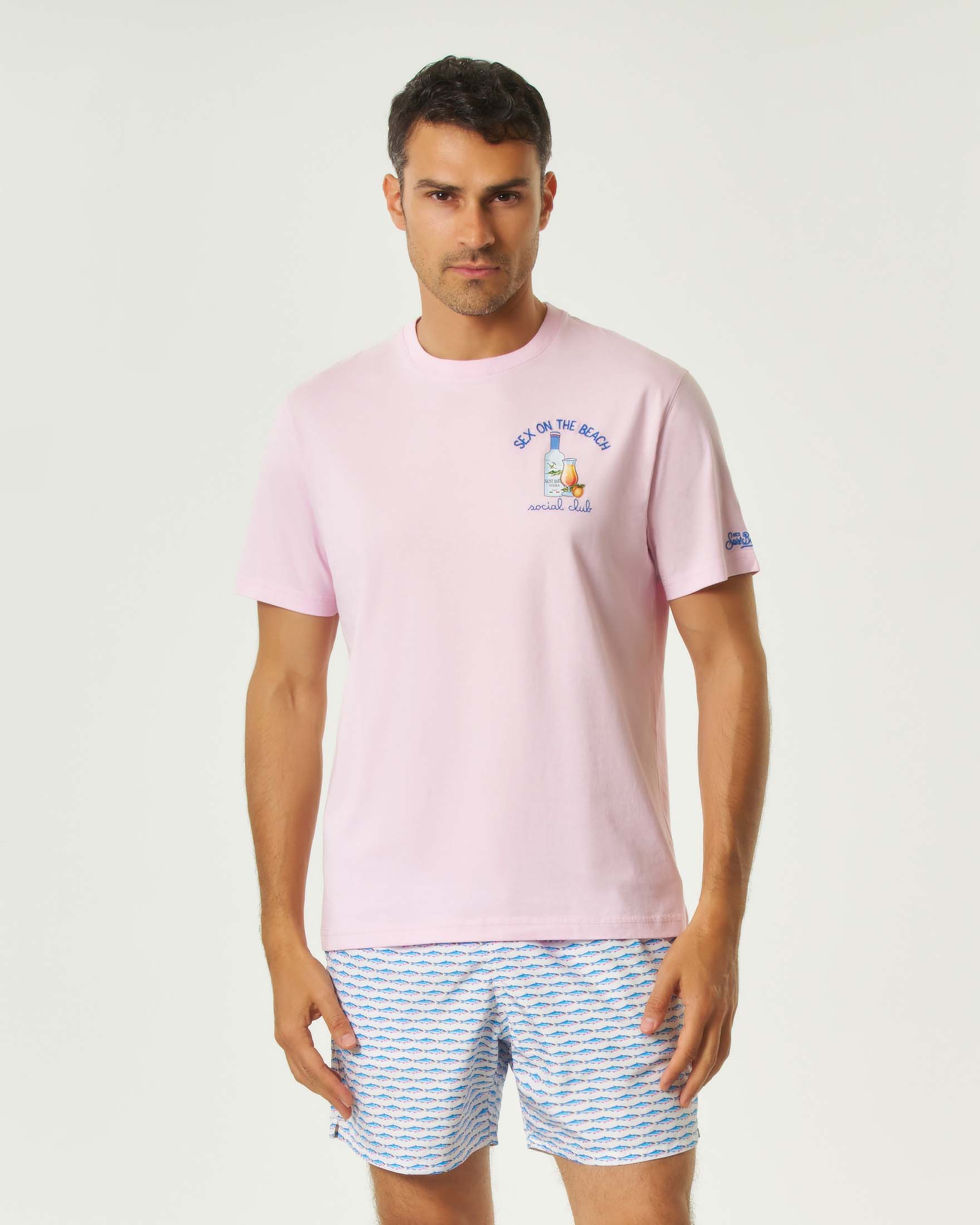 T-shirt MC2 Saint Barth rosa mezza manica con ricamo Sex on the beach social club sul petto