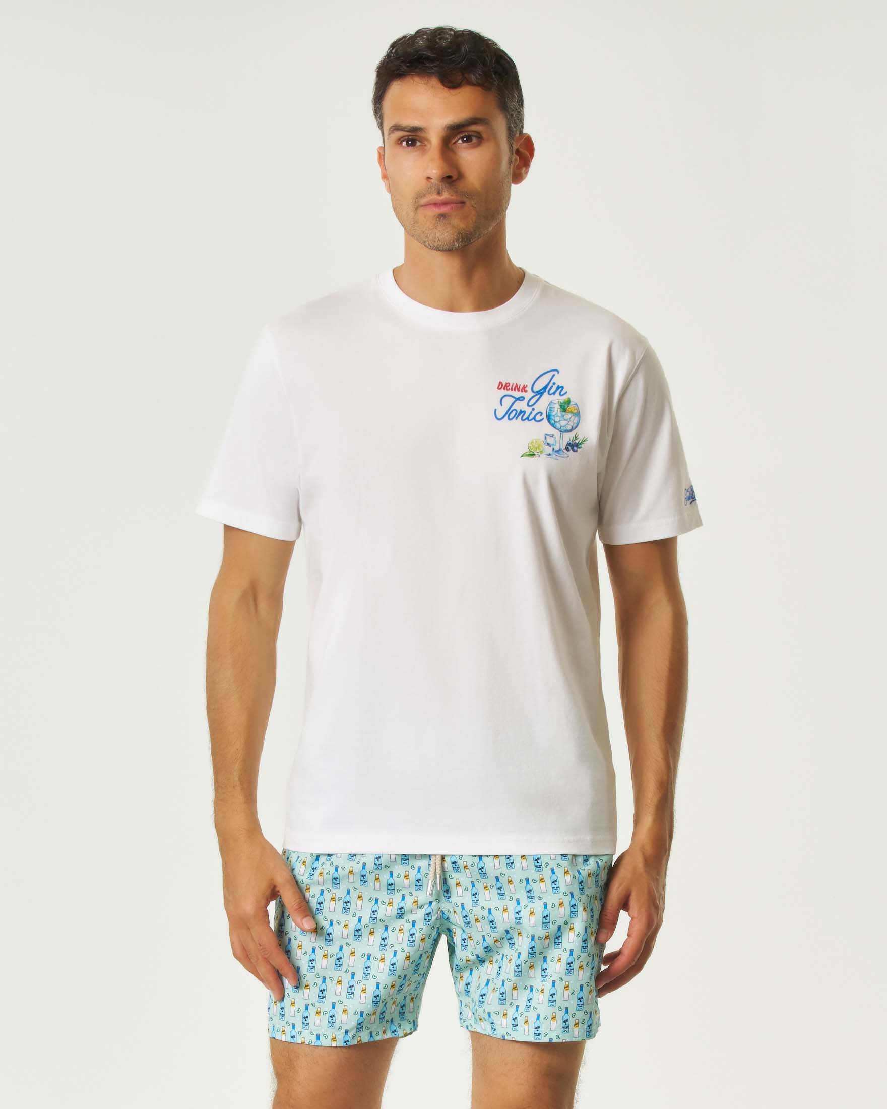 T-shirt MC2 Saint Barth bianca mezza manica con stampa Drink Gin Tonic fronte e retro