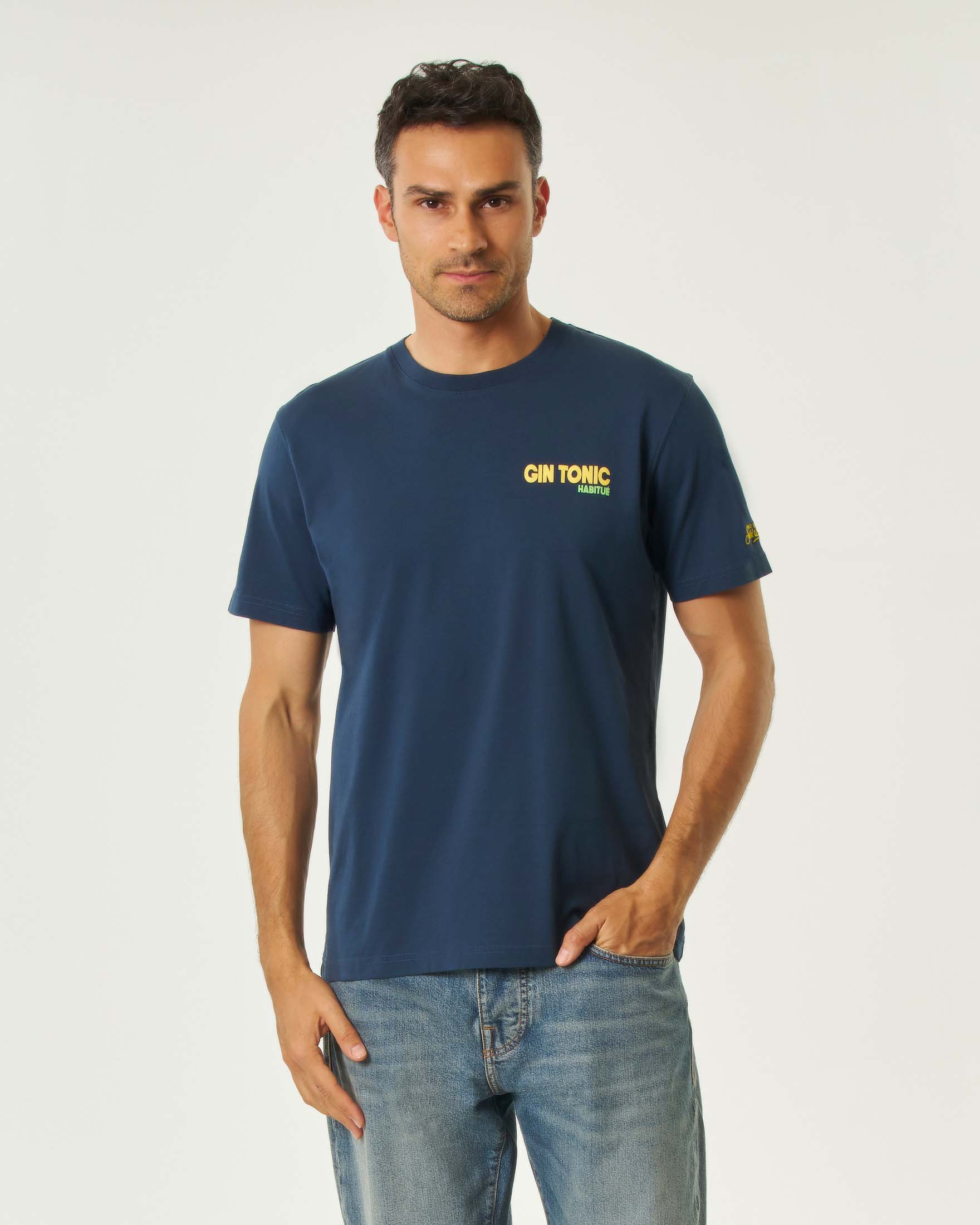 T-shirt MC2 Saint Barth blu mezza manica con stampa Gin Tonic Habitué fronte e retro