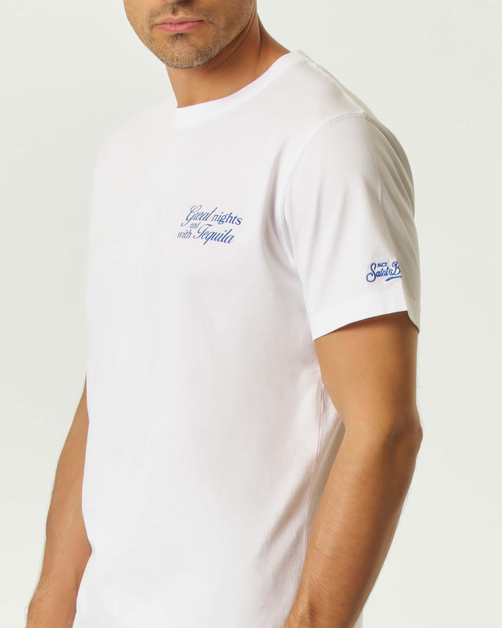 T-shirt MC2 Saint Barth bianca mezza manica con stampa Great nights end with tequila fronte e retro image