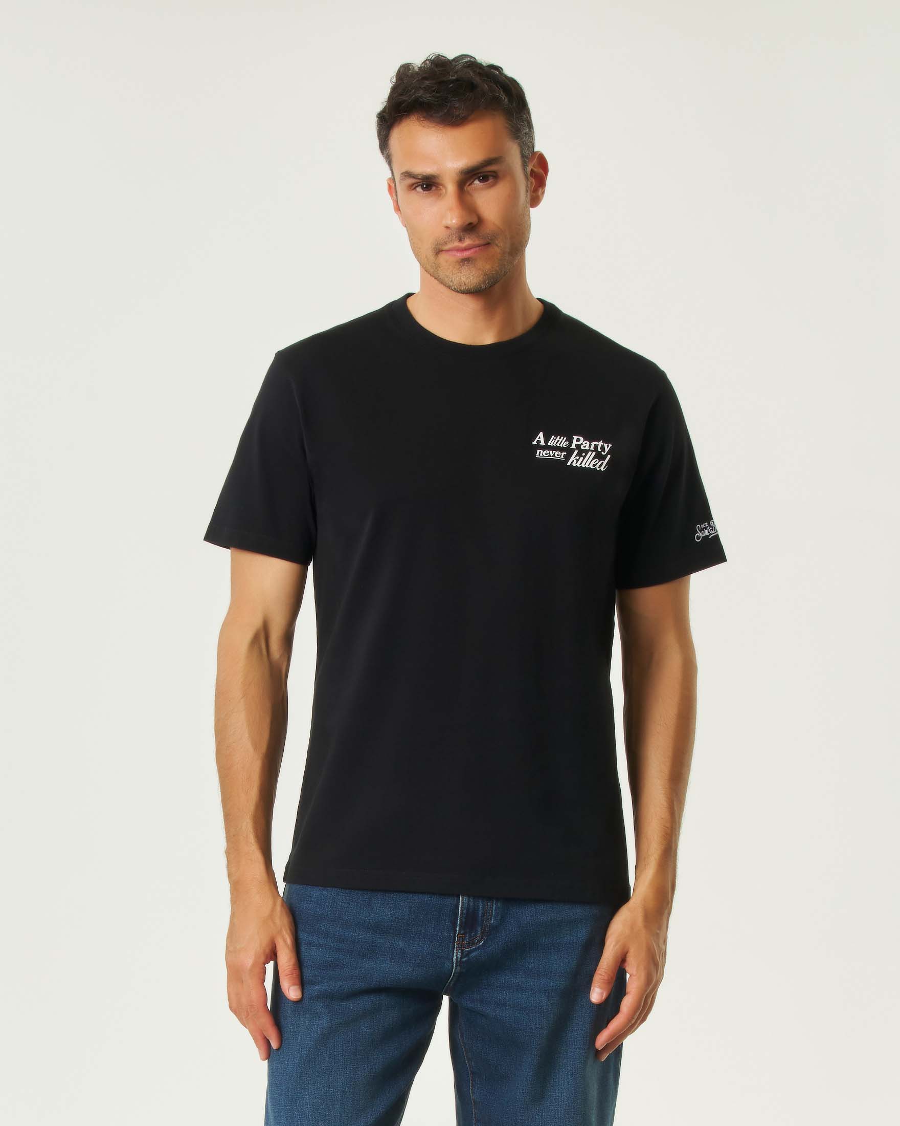 T-shirt MC2 Saint Barth nera mezza manica con stampa A little Party never killed Nobody fronte e retro