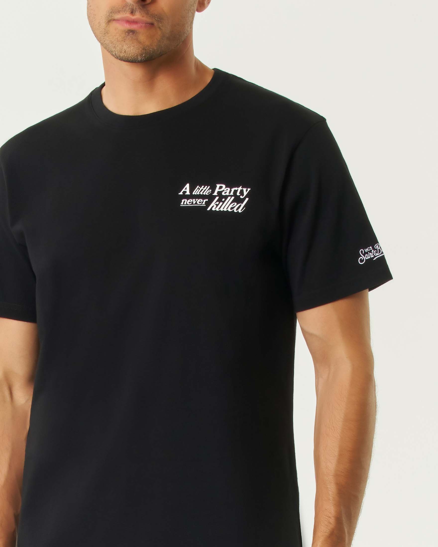 T-shirt MC2 Saint Barth nera mezza manica con stampa A little Party never killed Nobody fronte e retro image