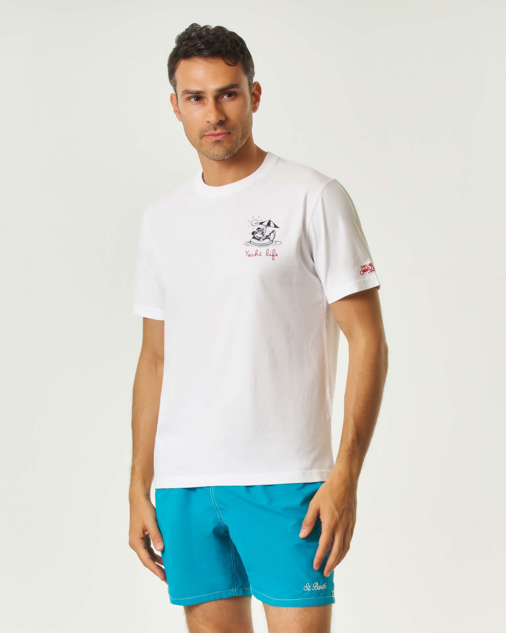 T-shirt MC2 Saint Barth bianca mezza manica con ricamo Yacht life sul petto