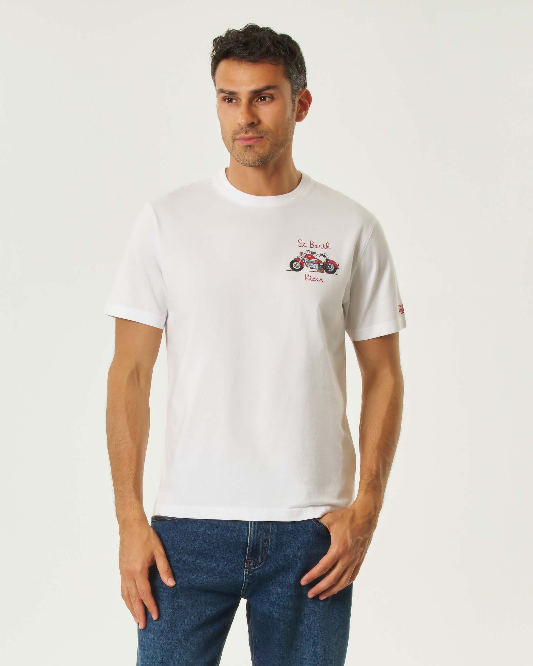 T-shirt bianca mezza manica con ricamo Snoopy Rider sul petto
