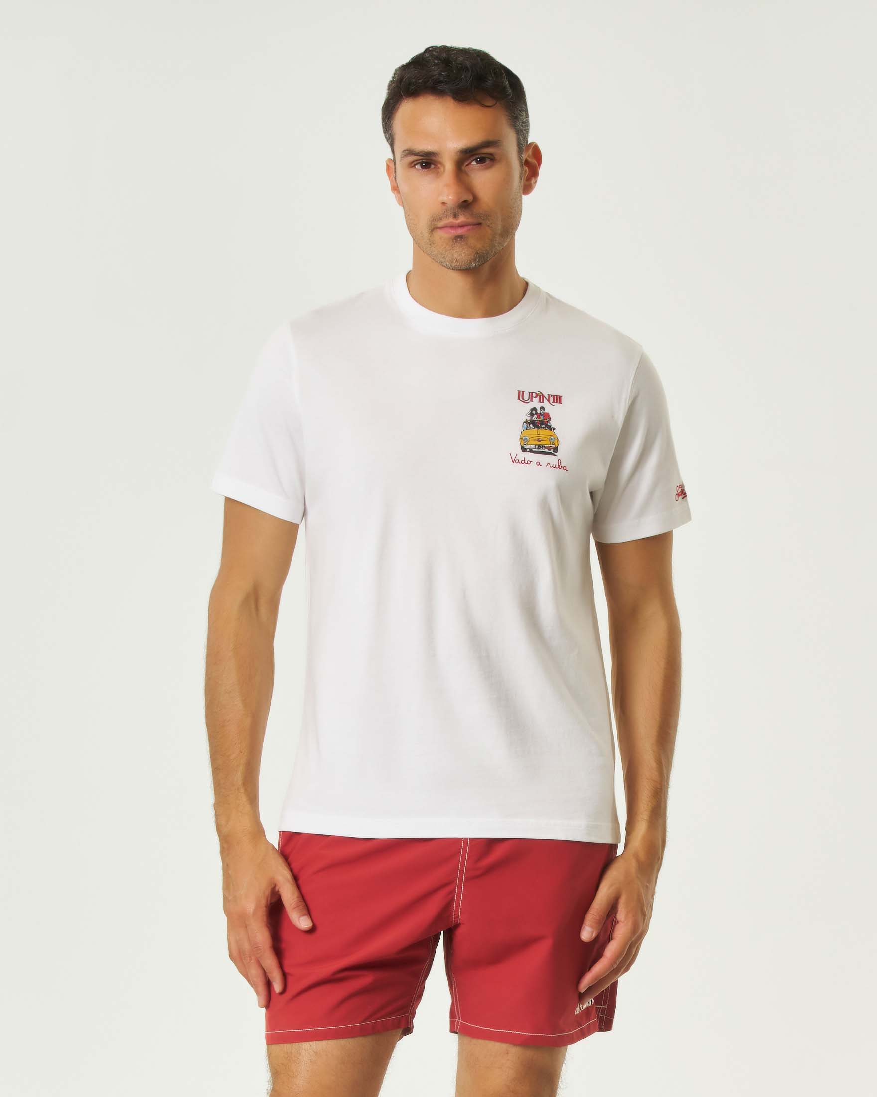 T-shirt bianca mezza manica con ricamo Lupin III sul petto
