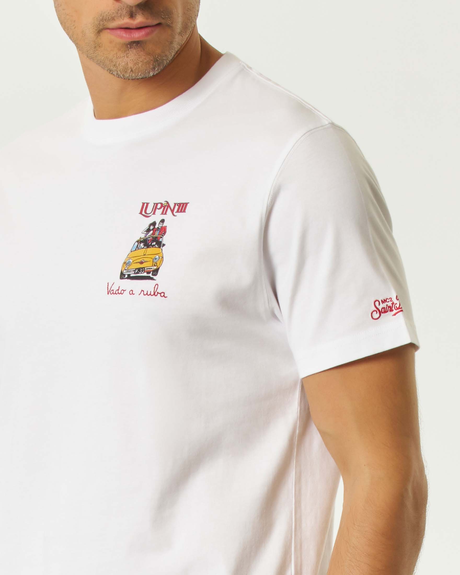 T-shirt MC2 Saint Barth bianca mezza manica con ricamo Lupin III sul petto image
