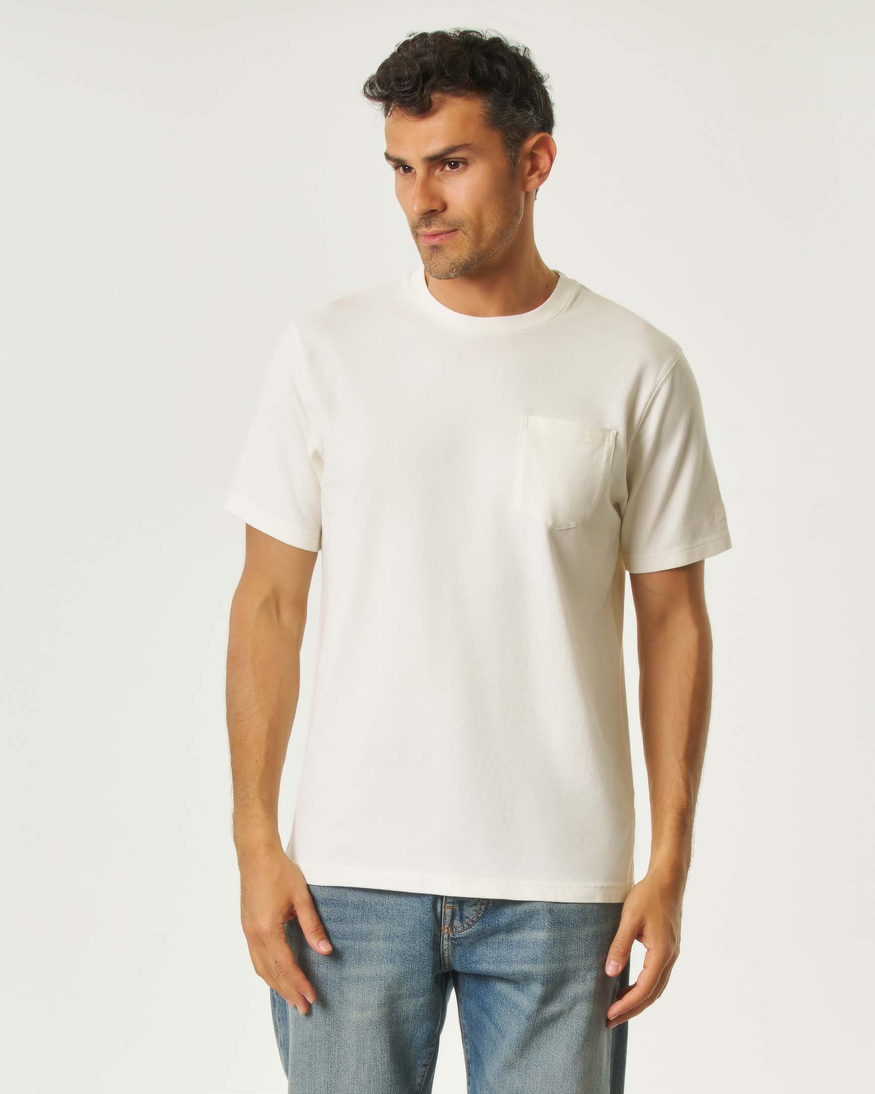 T-shirt MC2 Saint Barth panna in piquè di cotone stretch con taschino