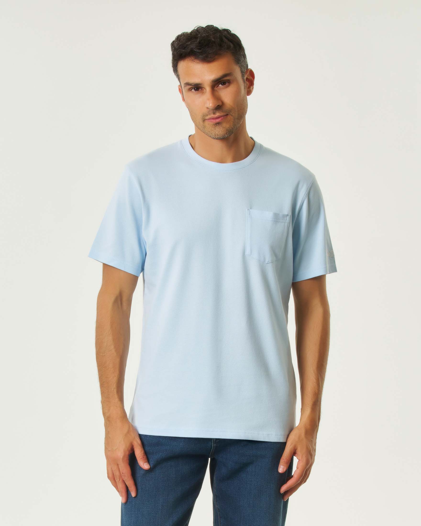 T-shirt MC2 Saint Barth azzurra in piquè di cotone stretch con taschino
