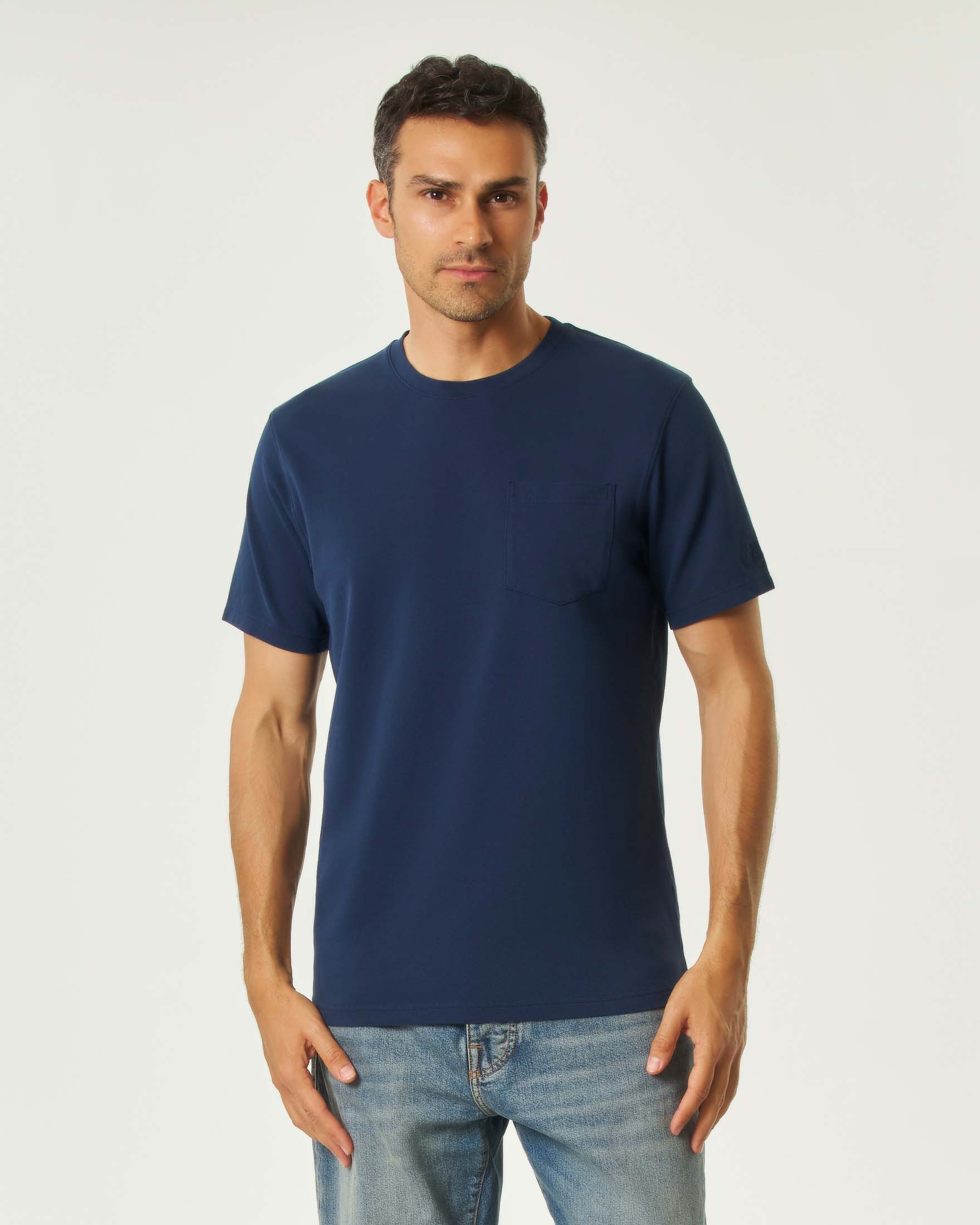 T-shirt MC2 Saint Barth blu in piquè di cotone stretch con taschino
