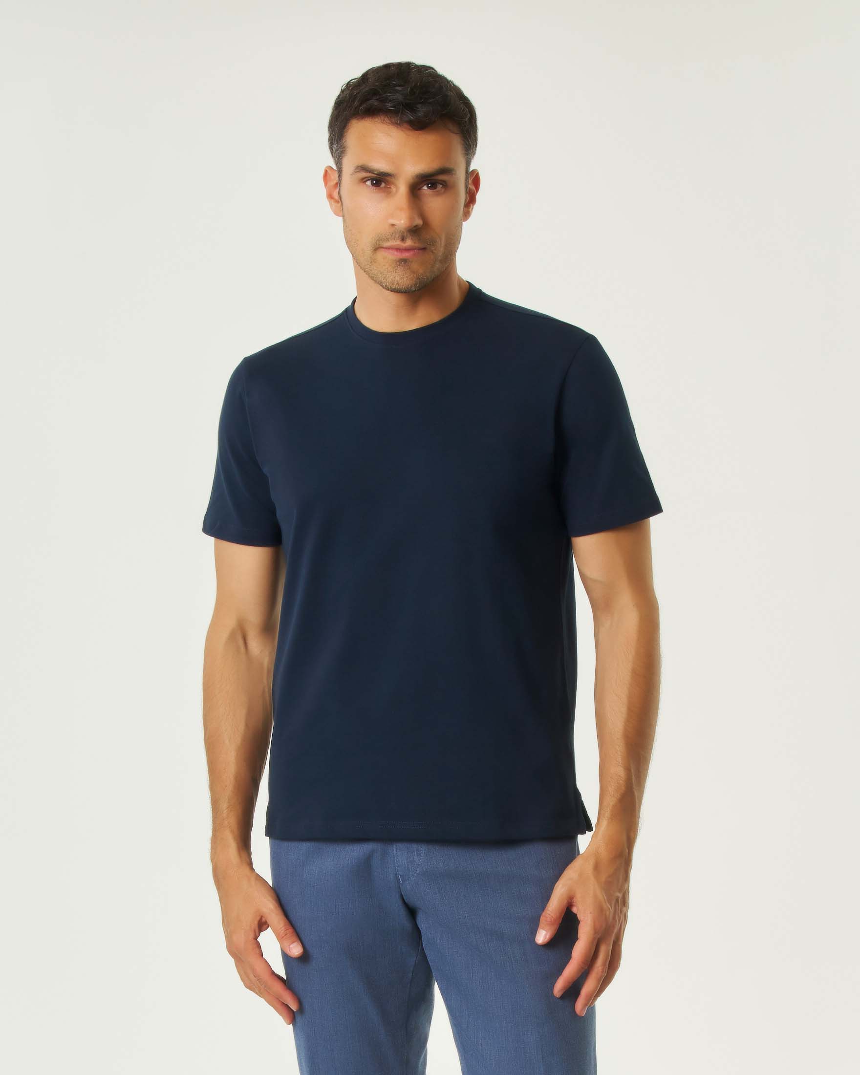 T-shirt mezza manica blu in piquè di cotone stretch