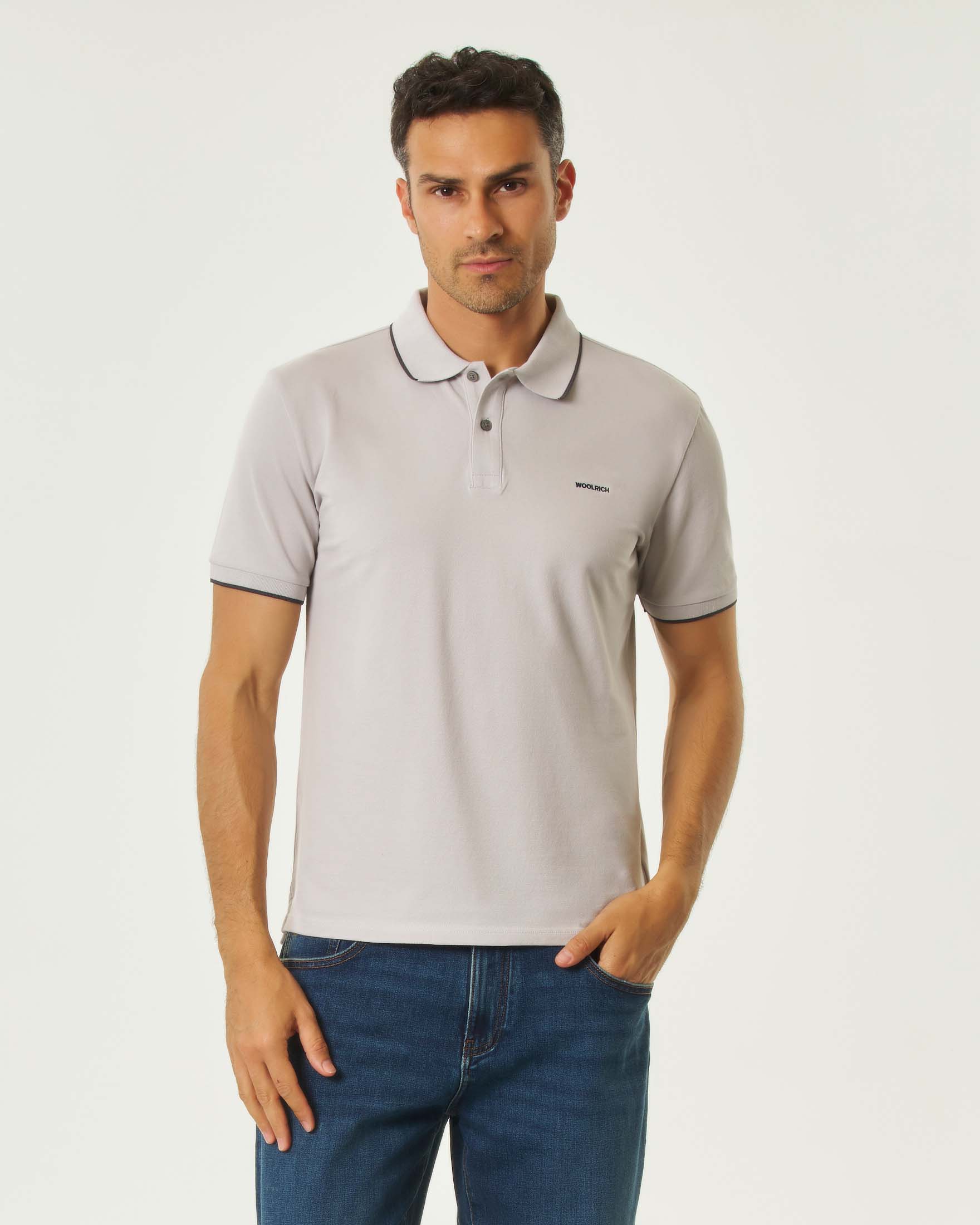 Polo Monterey Woolrich grigio chiaro in piquè di cotone stretch con bordino blu