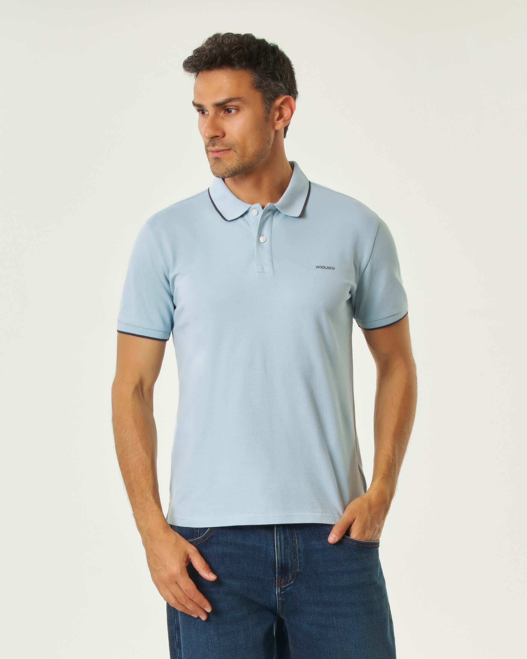 Polo Monterey Woolrich azzurra in piquè di cotone stretch con bordino blu