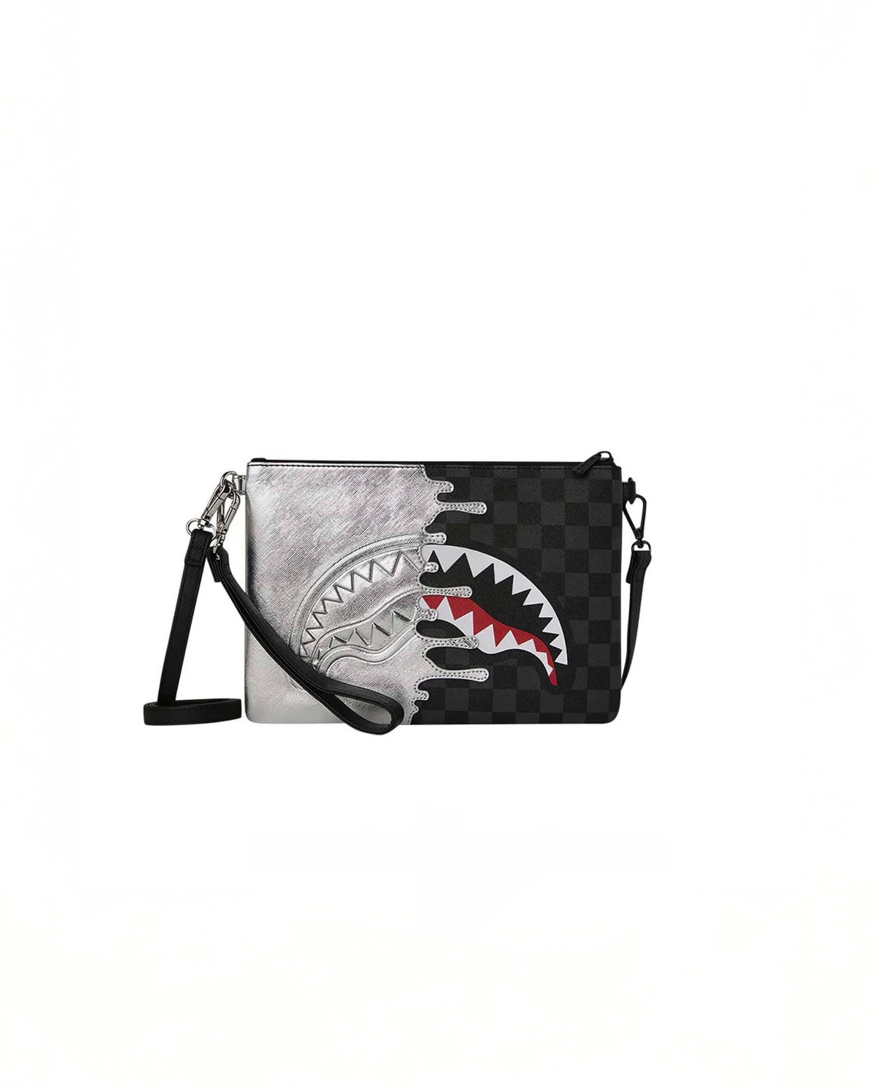Pochette Silver Side Drip in similpelle con dettaglio a scacchi grigi e neri e colata di lava argento