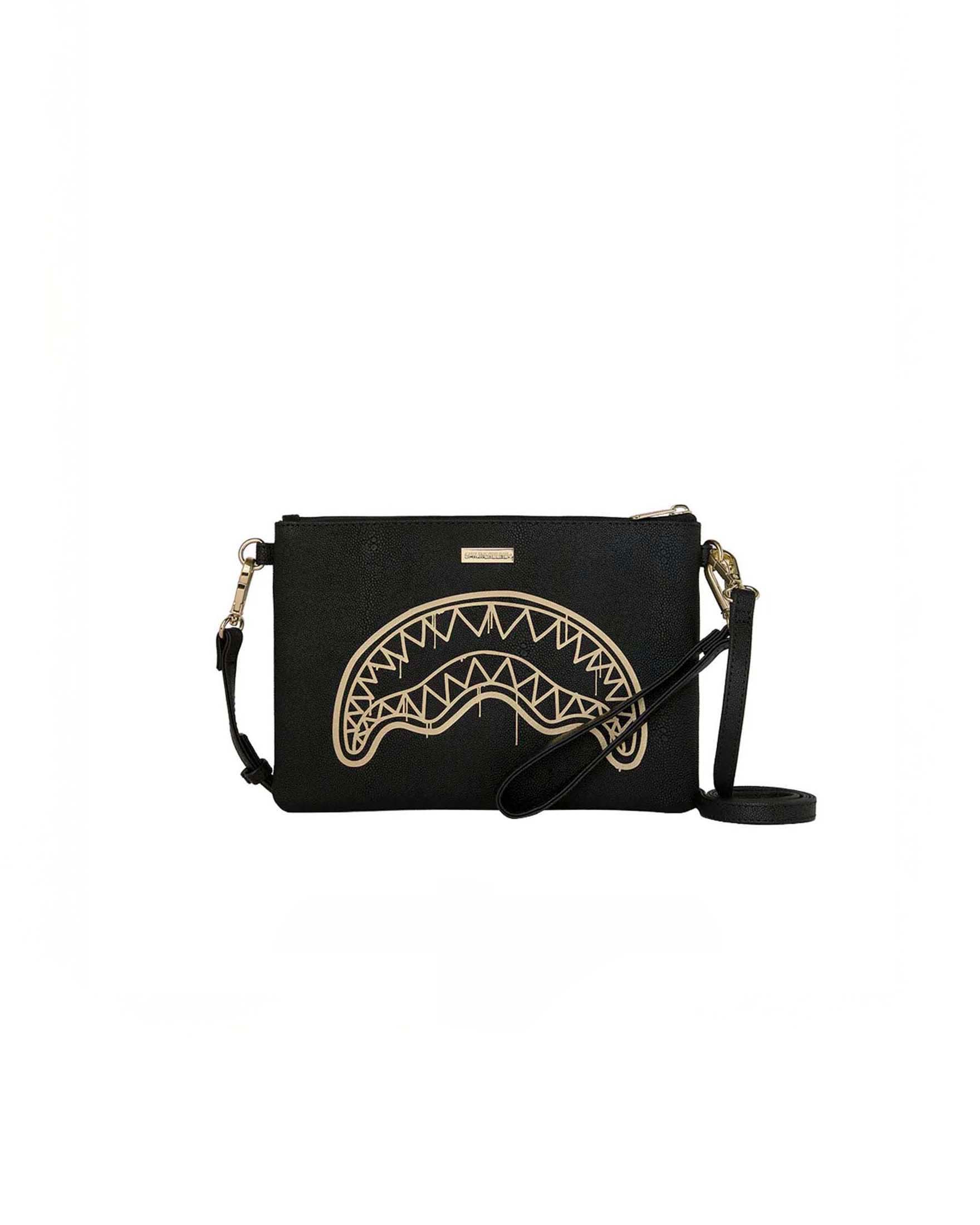 Pochette Sprayground That Gold in similpelle martellata con fauci di squalo oro