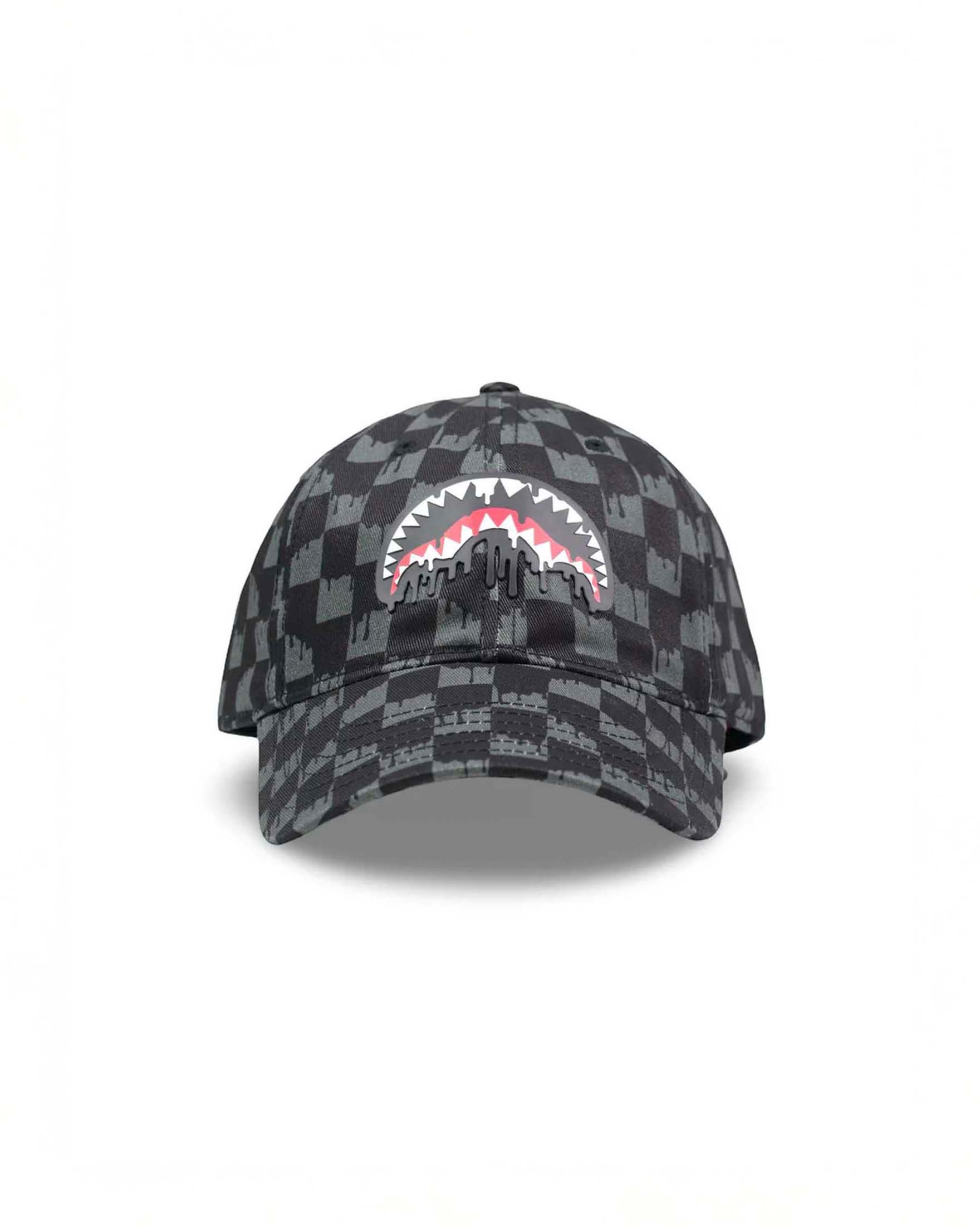Berretto baseball Sprayground a scacchi grigi e neri con patch fauci di squalo
