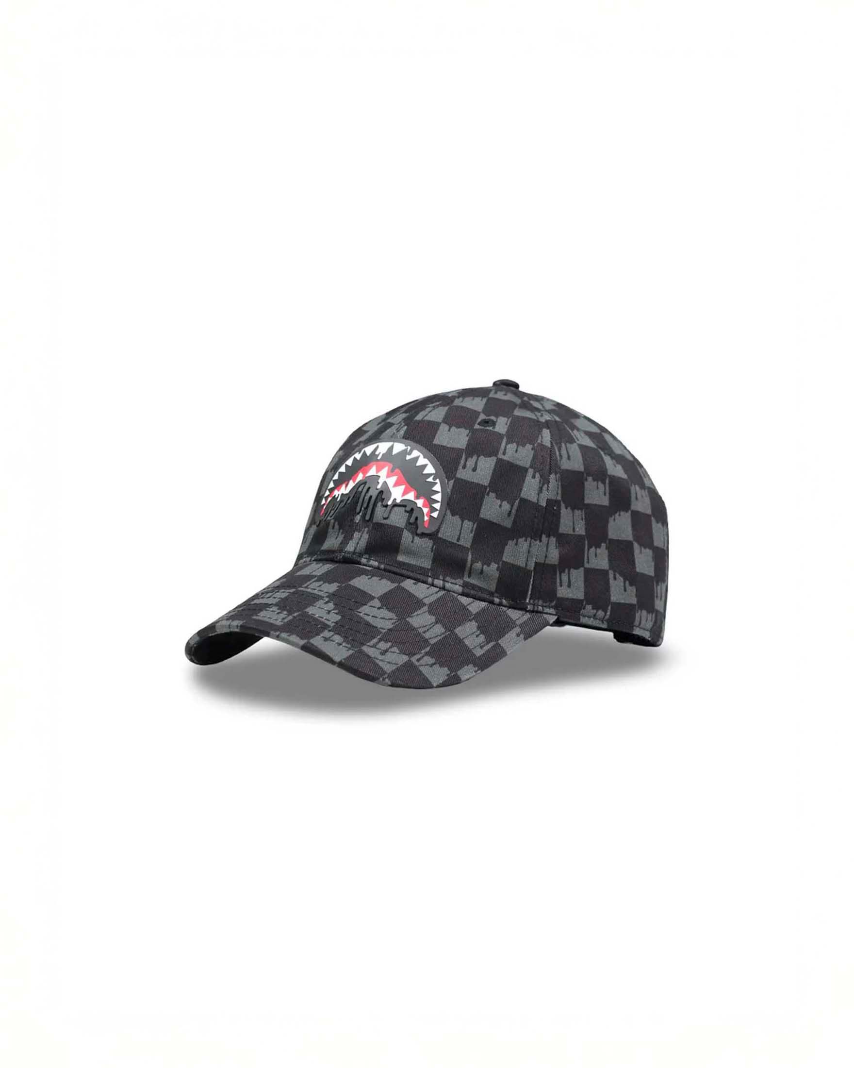 Berretto baseball Sprayground a scacchi grigi e neri con patch fauci di squalo image