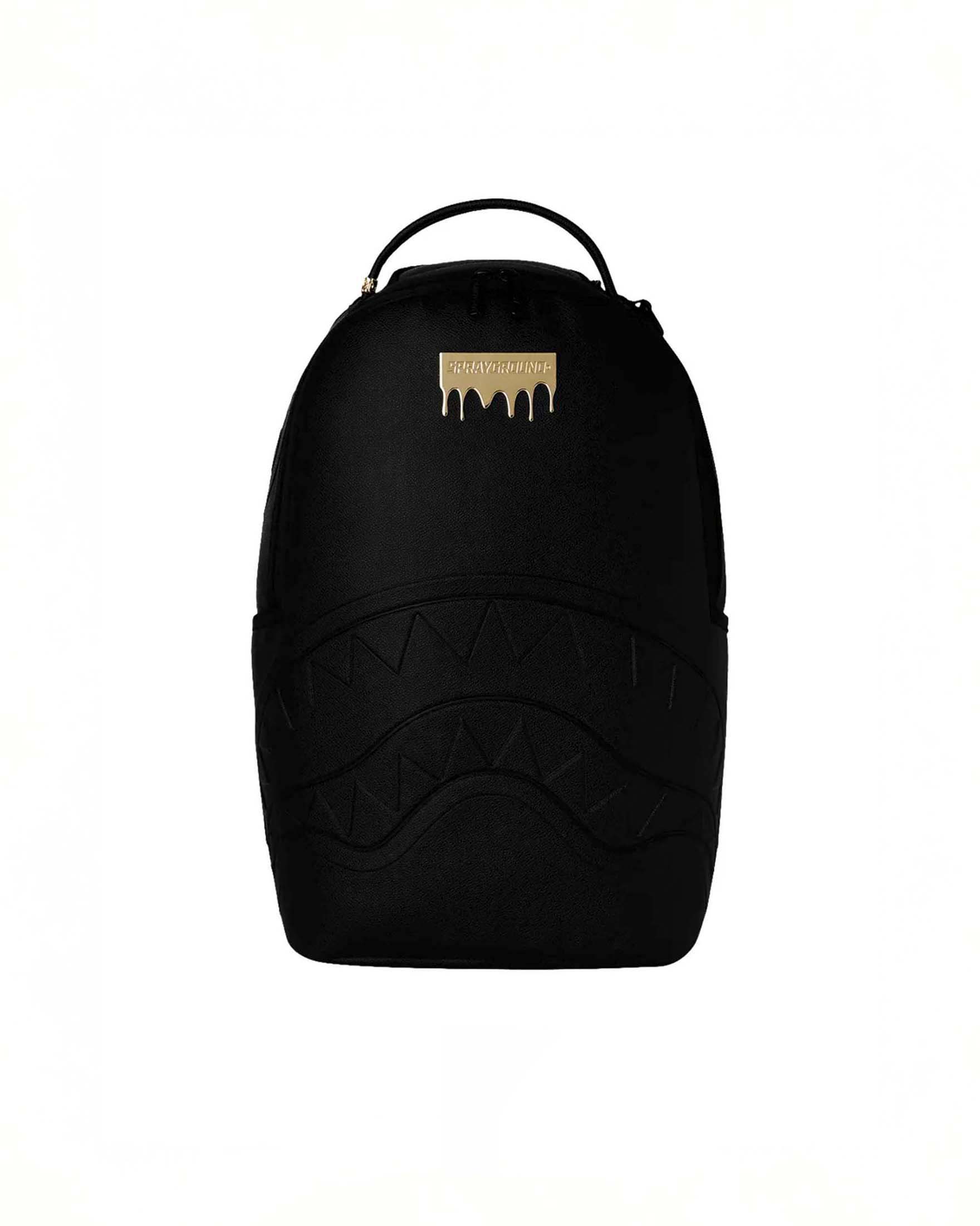 Zaino Sprayground Gold Brick Luxe in similpelle martellata con fauci di squalo impresse e placca metallica dorata
