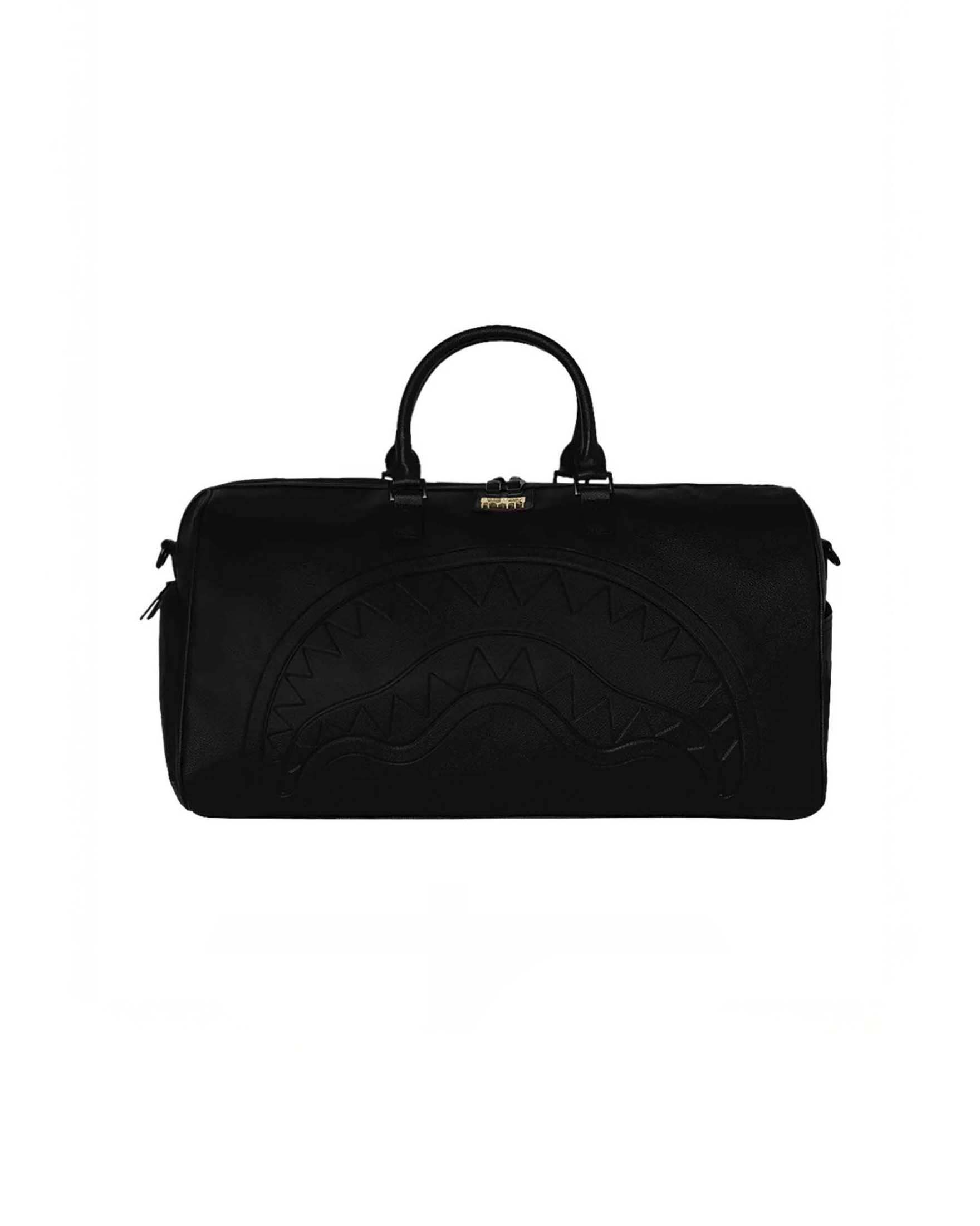Borsone Sprayground Gold Brick Luxe in similpelle martellata con fauci di squalo impresse e placca metallica dorata