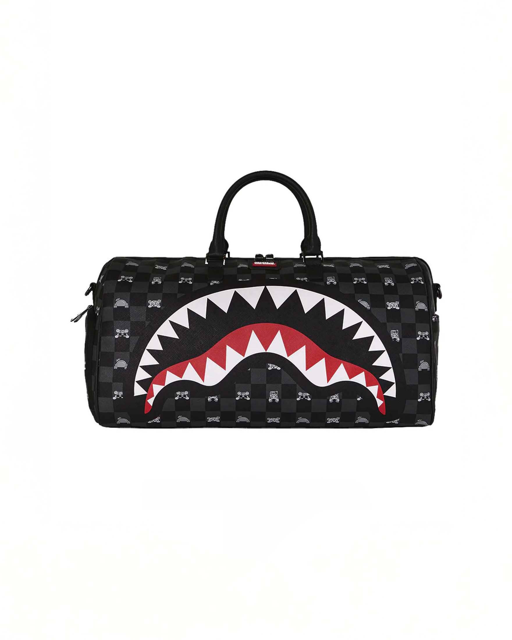 Borsone Sprayground Gray Peeking Charact in similpelle con dettaglio a scacchi grigi e neri