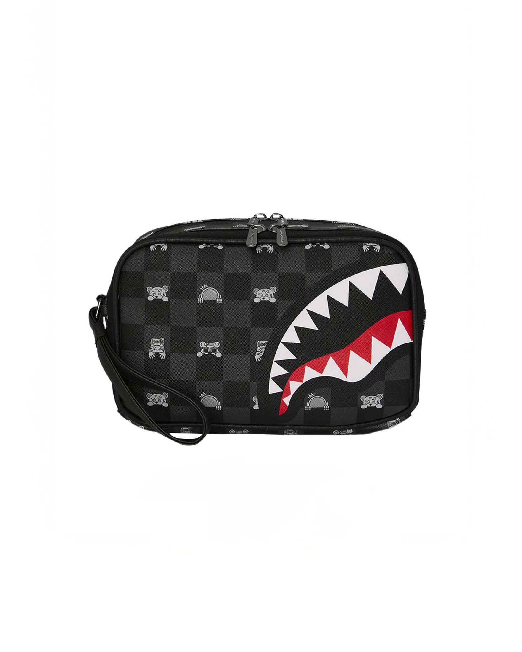 Beauty case Gray Peeking Charact in similpelle con dettaglio a scacchi grigi e neri