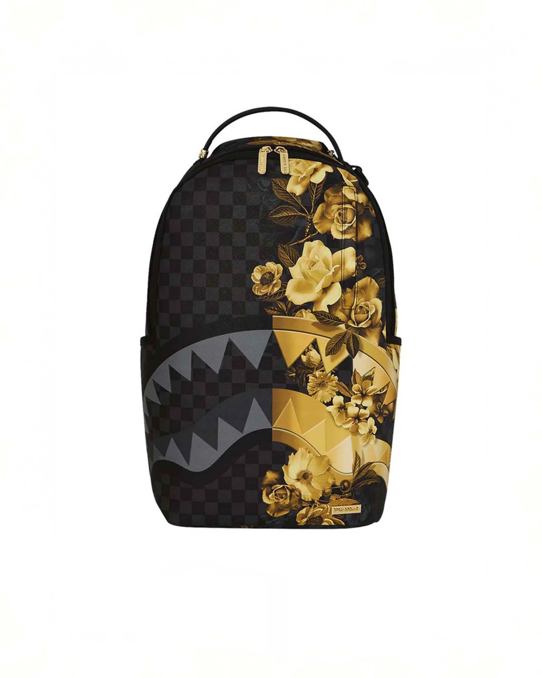 Zaino Gold Floral Remix in similpelle a scacchi neri e grigi con grafica floreale dorata