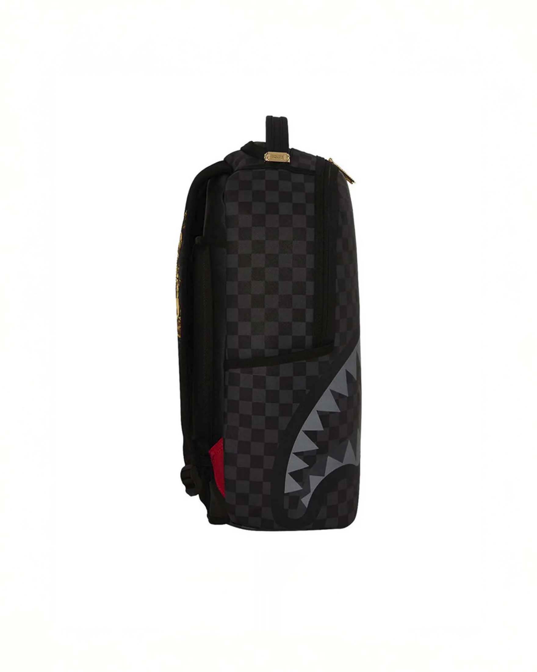 Zaino Sprayground Gold Floral Remix in similpelle a scacchi neri e grigi con grafica floreale dorata image