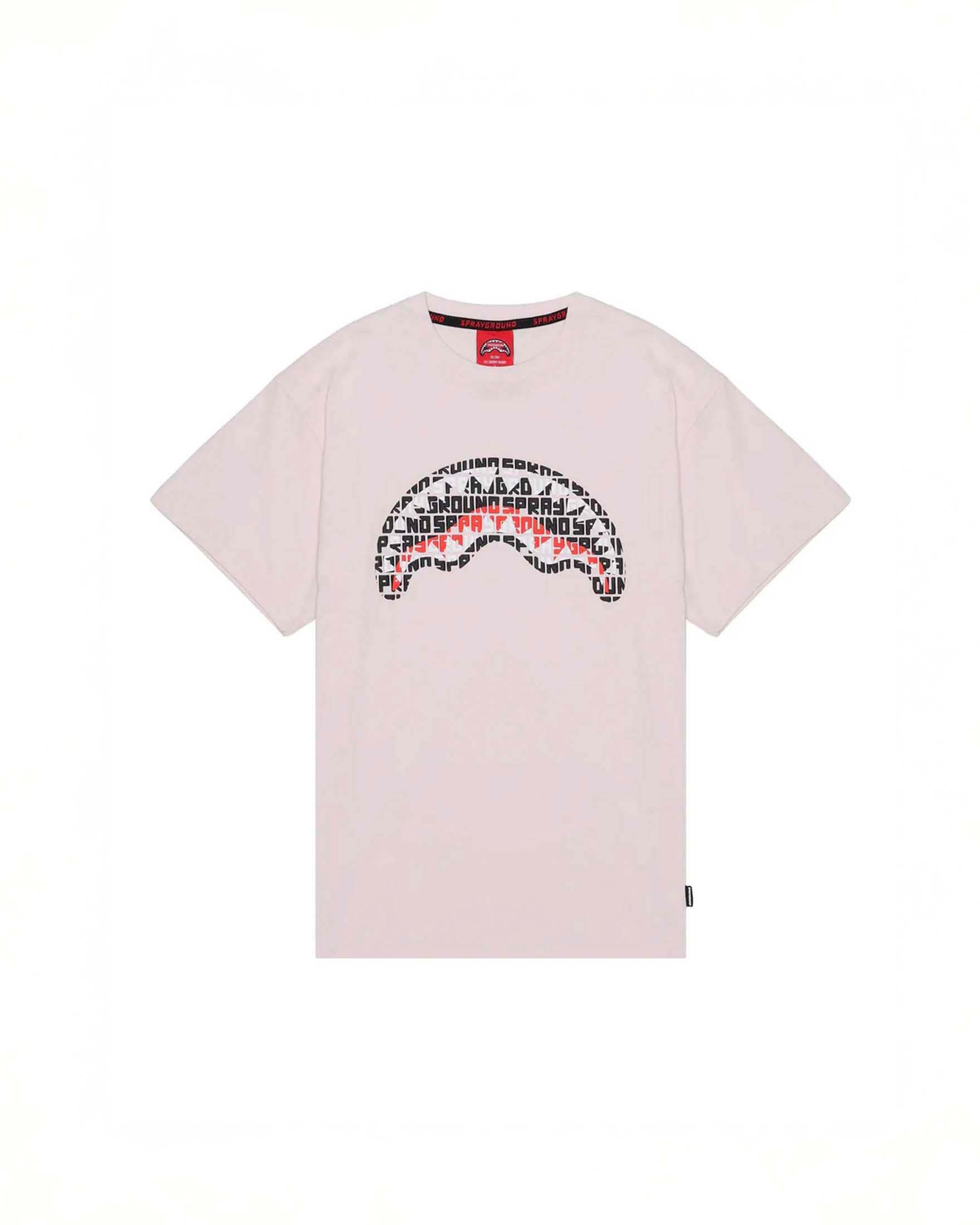 T-shirt rosa Sprayground con fauci di squalo porta logo ripetuto ricamate in rilievo image