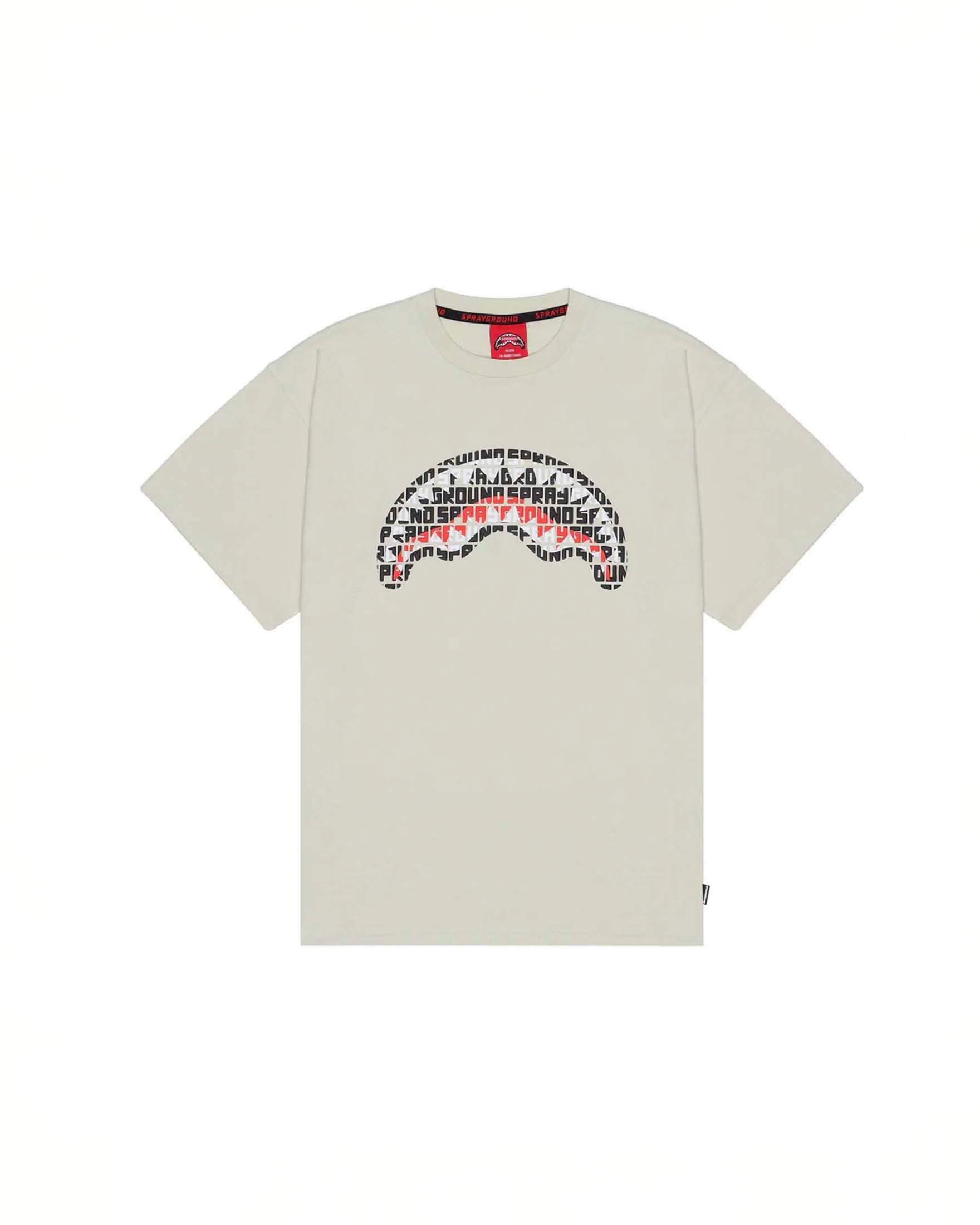 T-shirt salvia con fauci di squalo porta logo ripetuto ricamate in rilievo