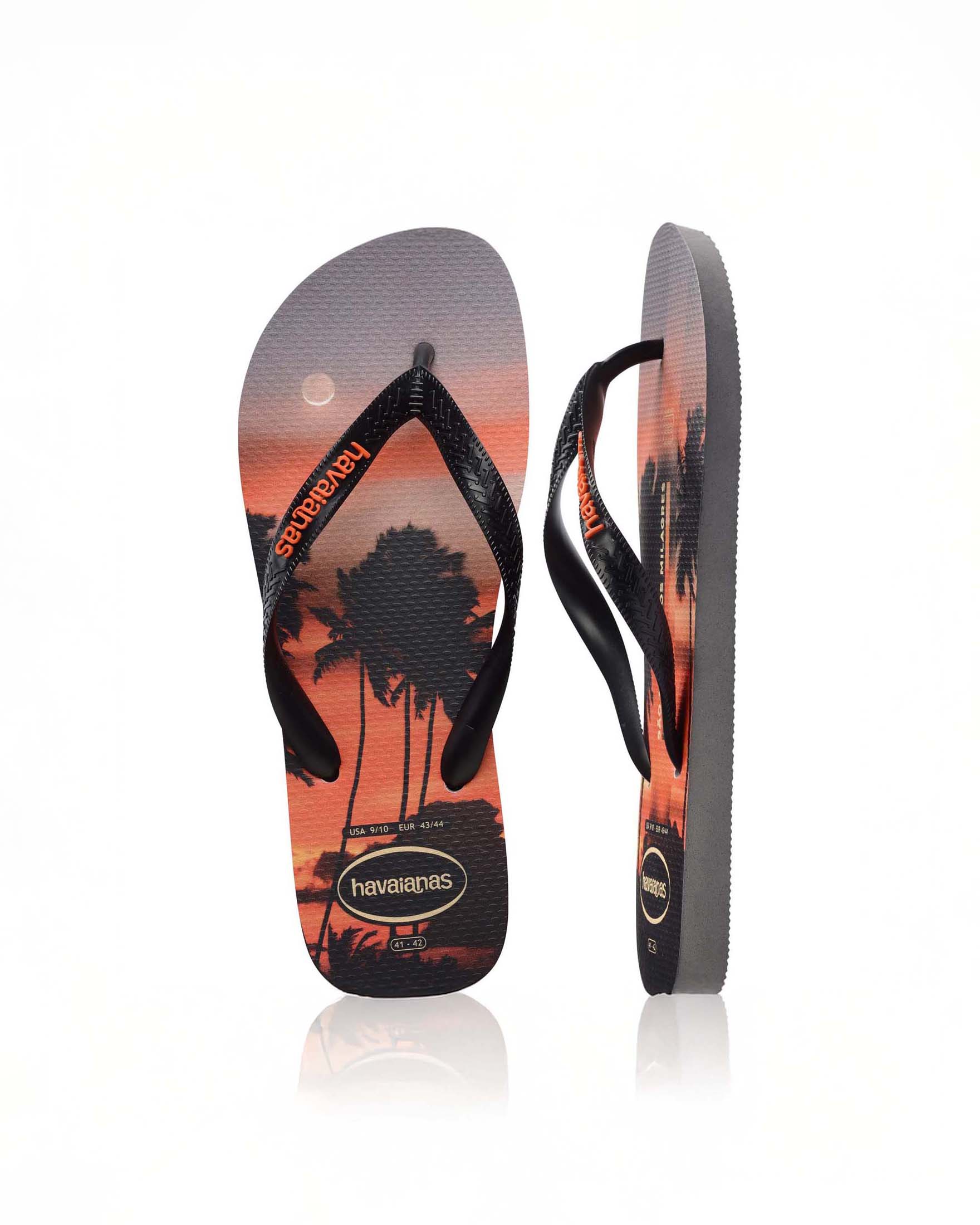 Havaianas Top Surfer nera e arancio con stampa fotografica tramonto