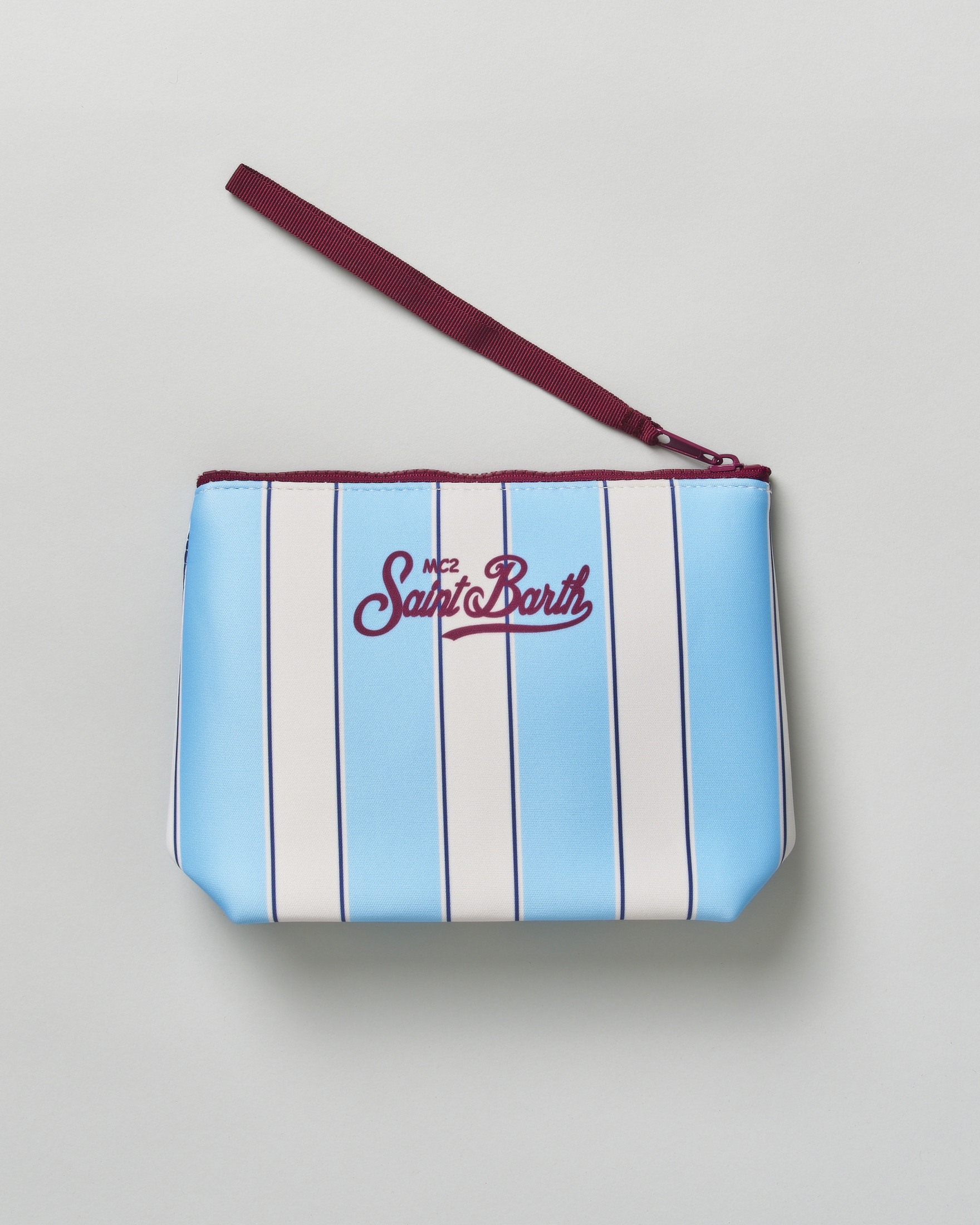 Pochette Aline MC2 Saint Barth in scuba a righe larghe azzurre e bianche con laccetto laterale image