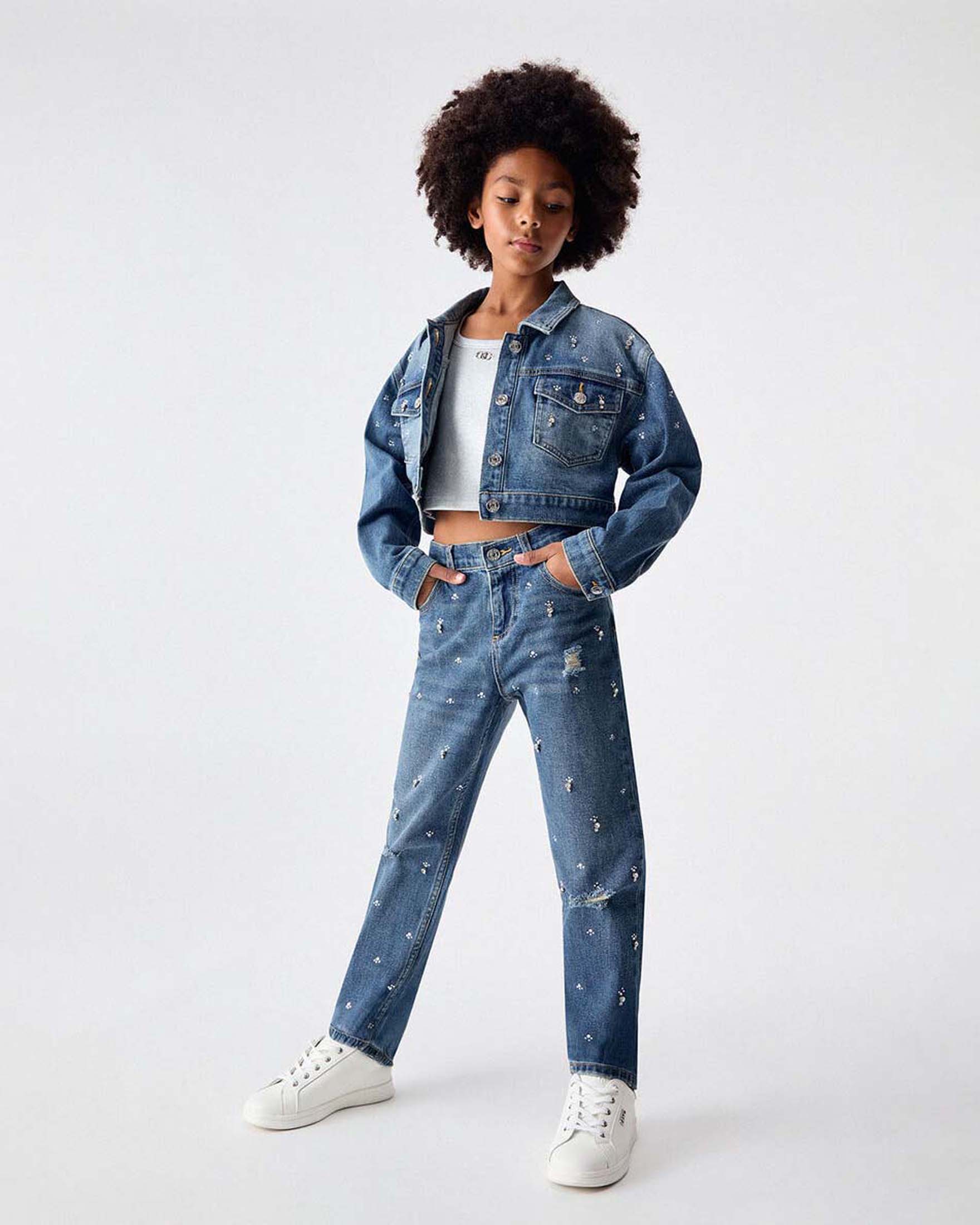 Jeans regular fit Liu Jo lavaggio medio stone washed con inseriti strass e baffature