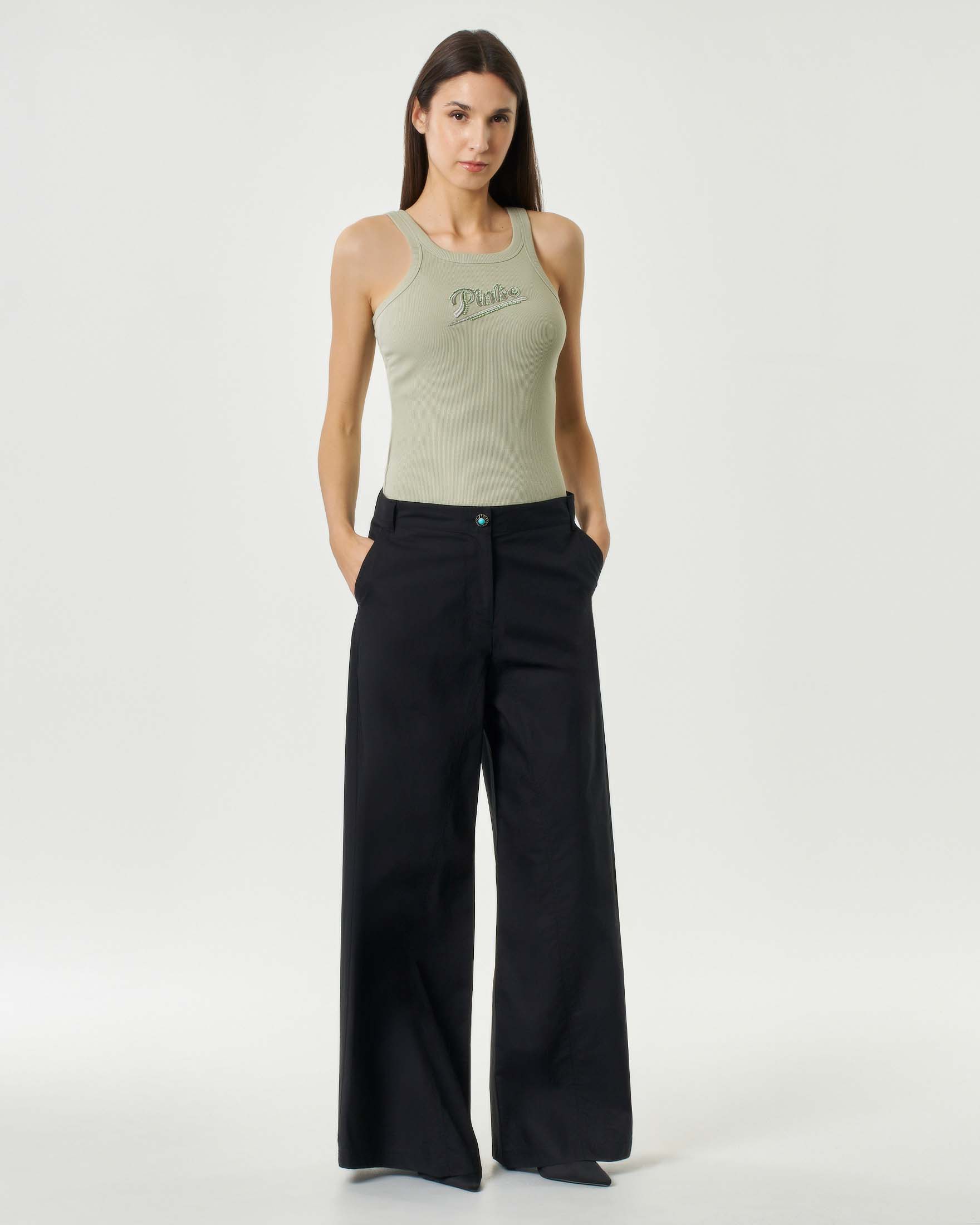 Pinko — Pantaloni ampi a palazzo Pinko neri in popeline di cotone con passanti per cintura e bottone gioiello