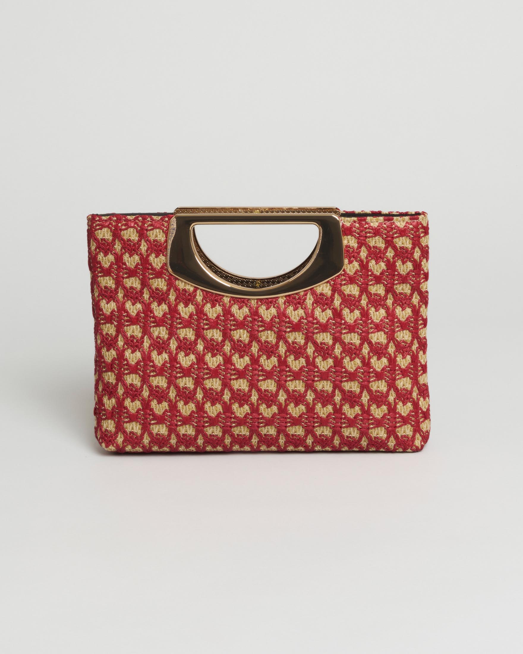Pochette Anna Cecere in raffiaa intrecciata nera e color naturale con manico incastonato in metallo dorato e tracolla staccabile