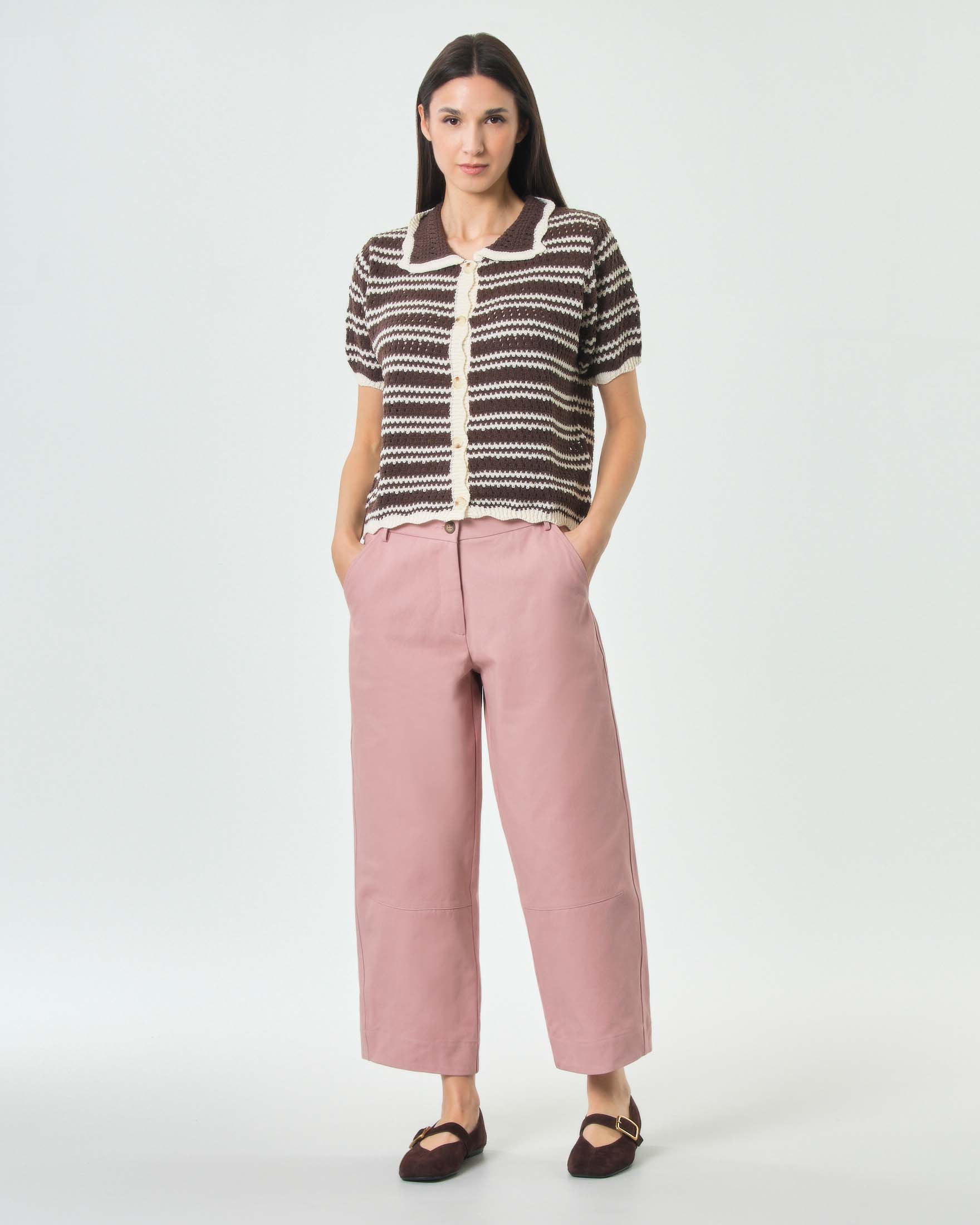 Pantalone cropped carrot fit rosa Hlo! in bull di cotone con tasche alla francese