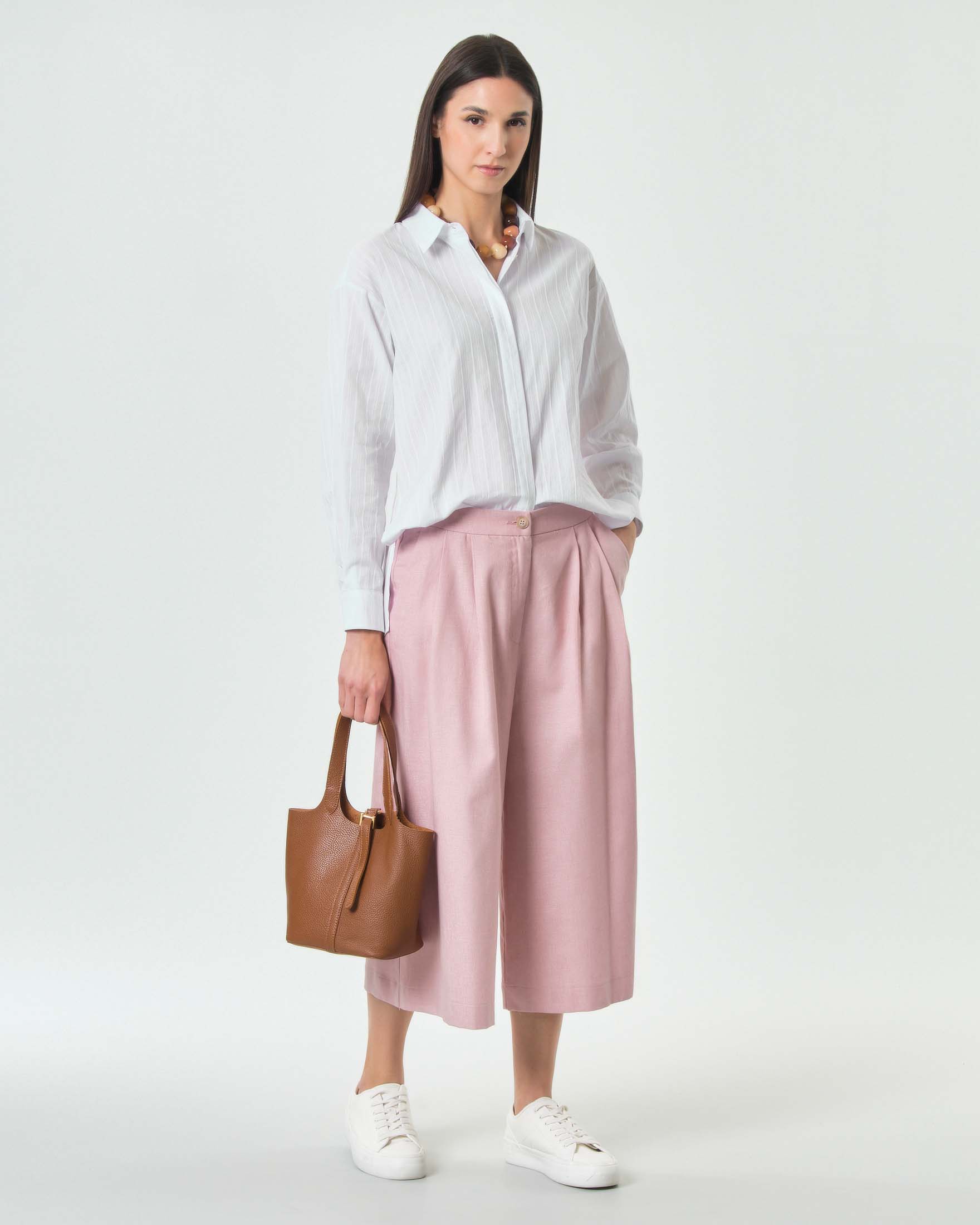 Pantalone cropped wide leg rosa Hlo! in cotone e lino con pinces in vita e tasche alla francese
