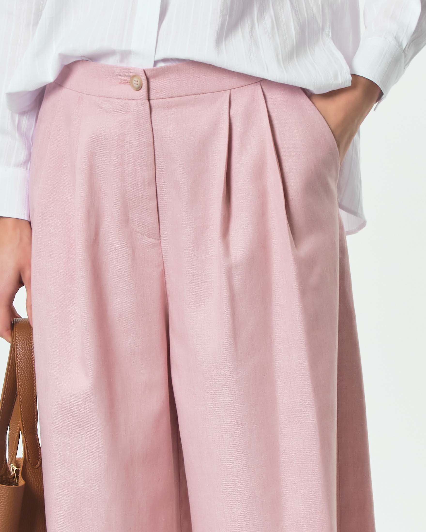 Pantalone cropped wide leg rosa Hlo! in cotone e lino con pinces in vita e tasche alla francese image