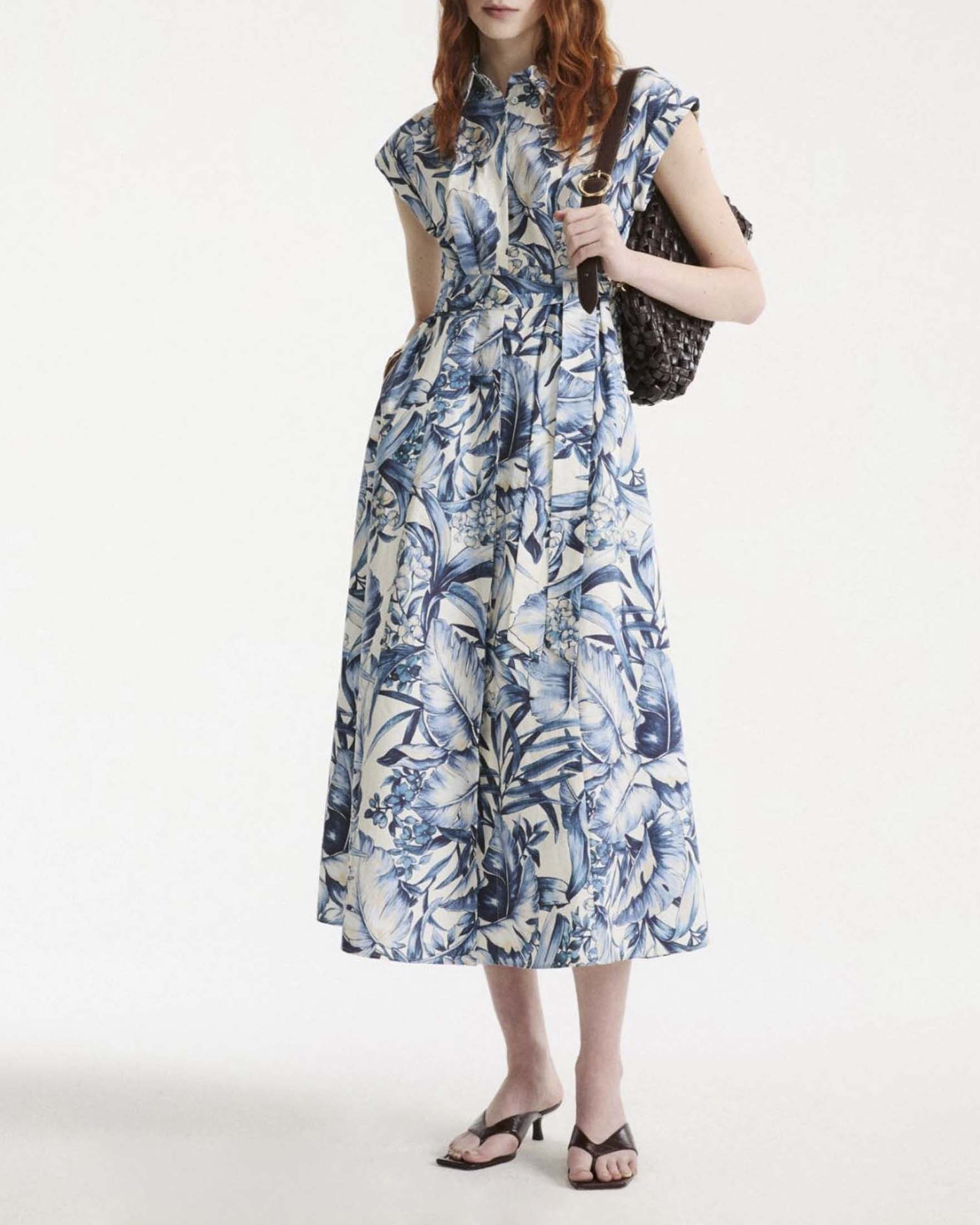 Abito midi chemisier Marella bianco in popeline di cotone con stampa maxi foliage azzurra