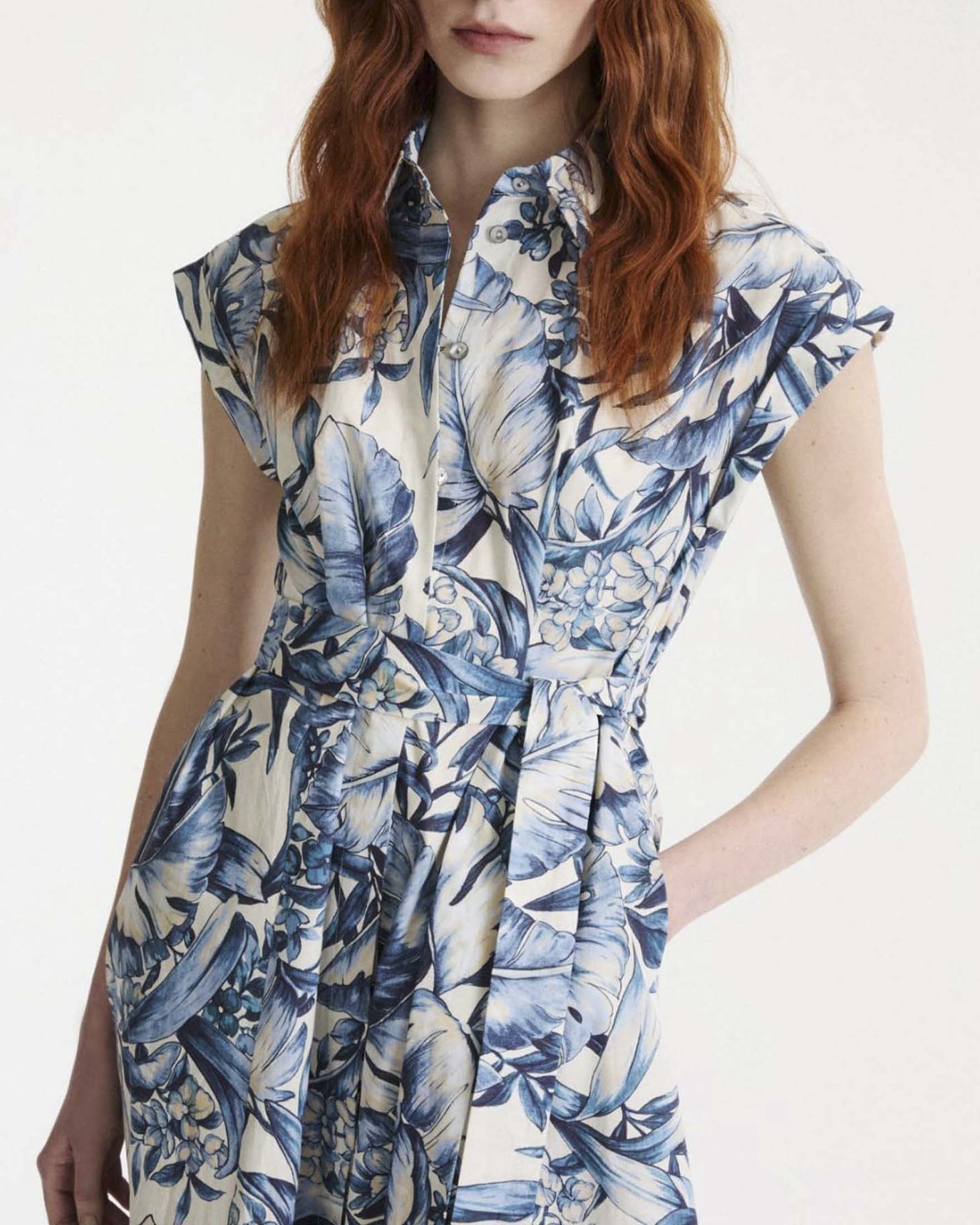 Abito midi chemisier Marella bianco in popeline di cotone con stampa maxi foliage azzurra image