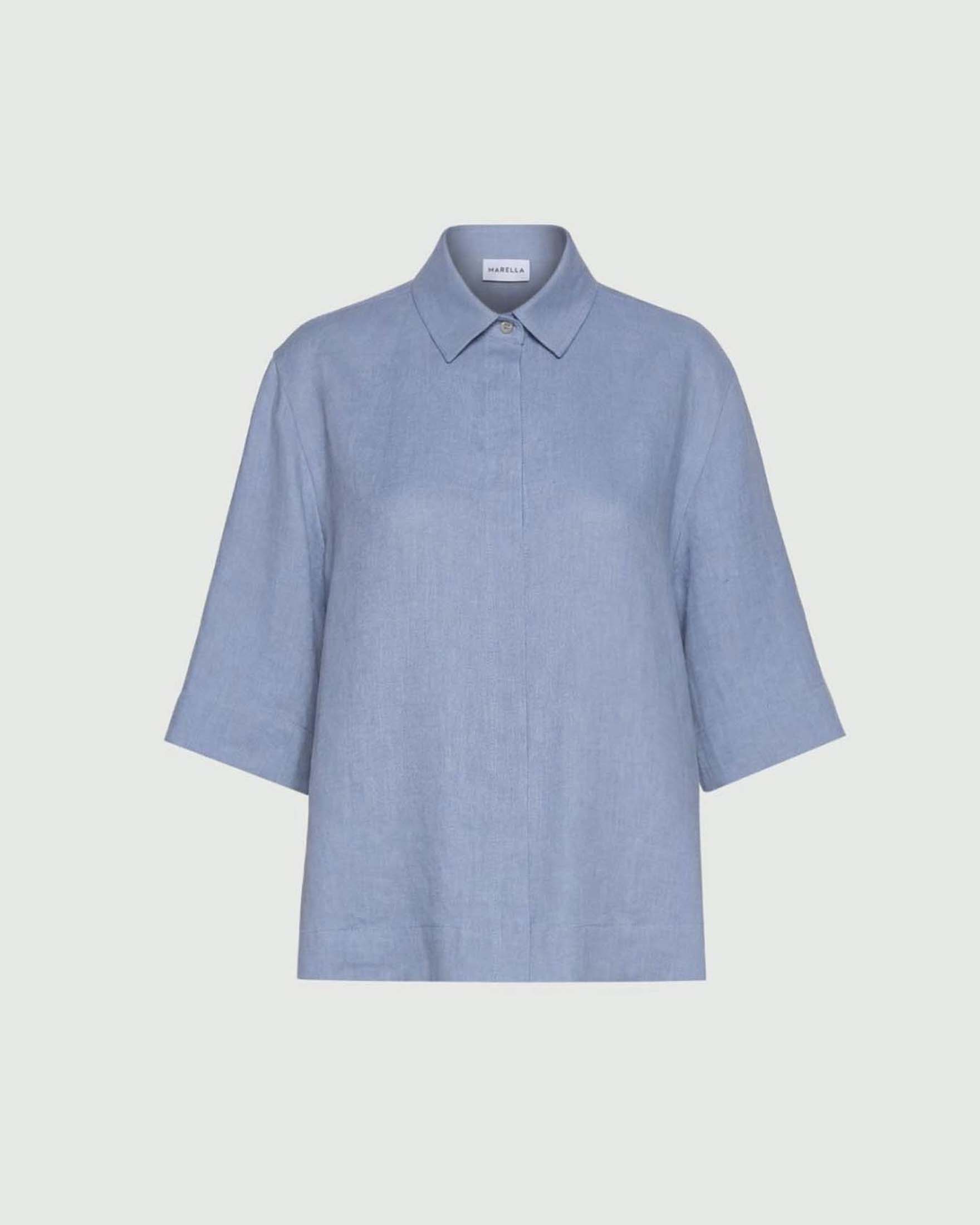Camicia Marella azzurra in puro lino lavato con contropiego sul retro e mezze maniche