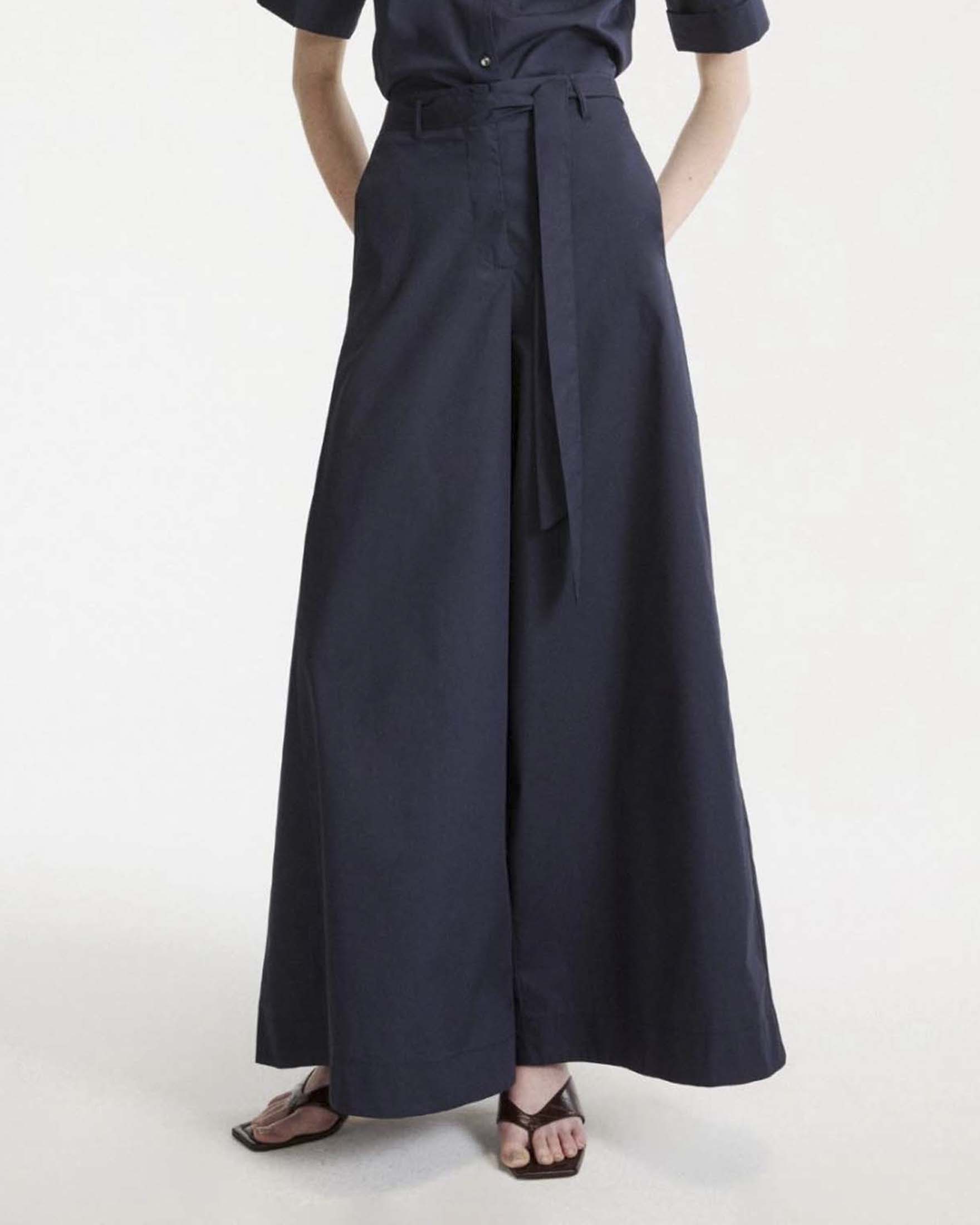 Pantaloni super wide Marella blu in popeline di cotone con passanti e fiocco in vita image