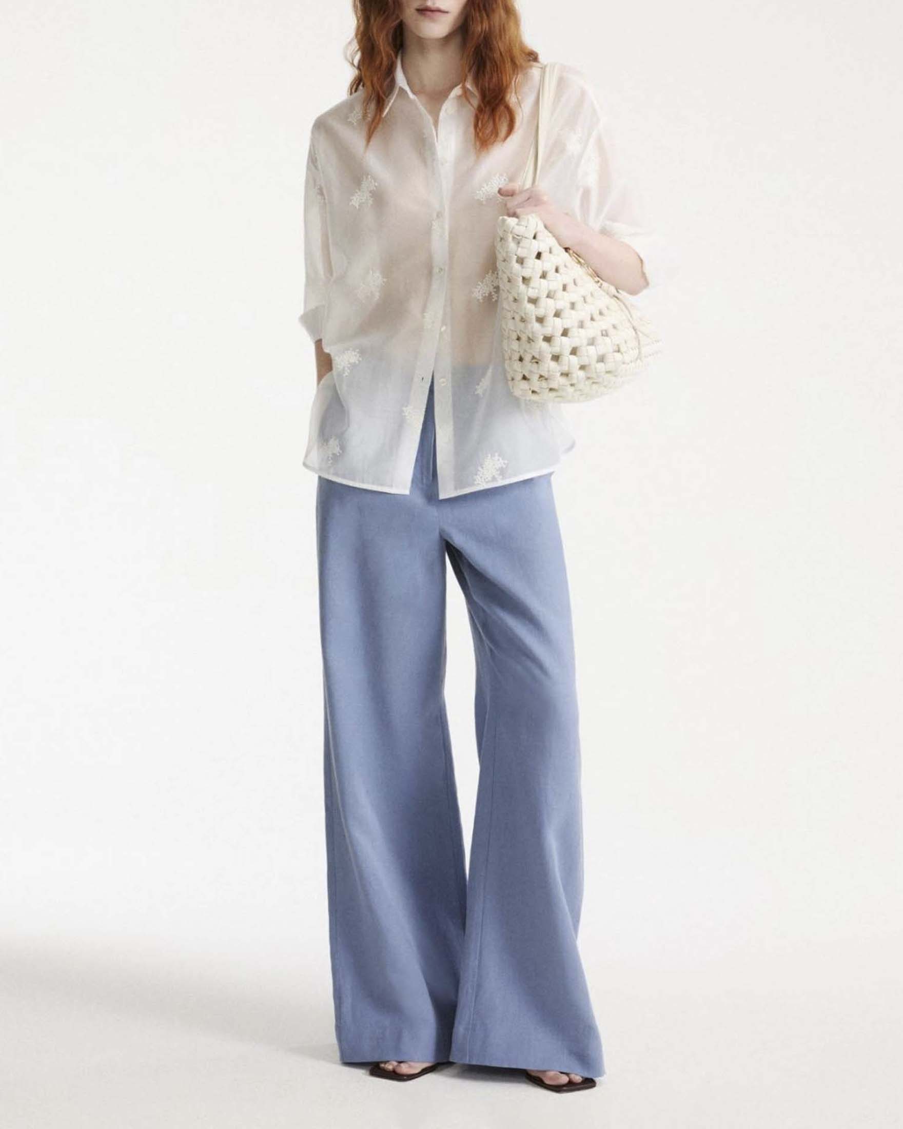 Pantaloni wide Marella azzurri in puro lino lavato con chiusura a gancio