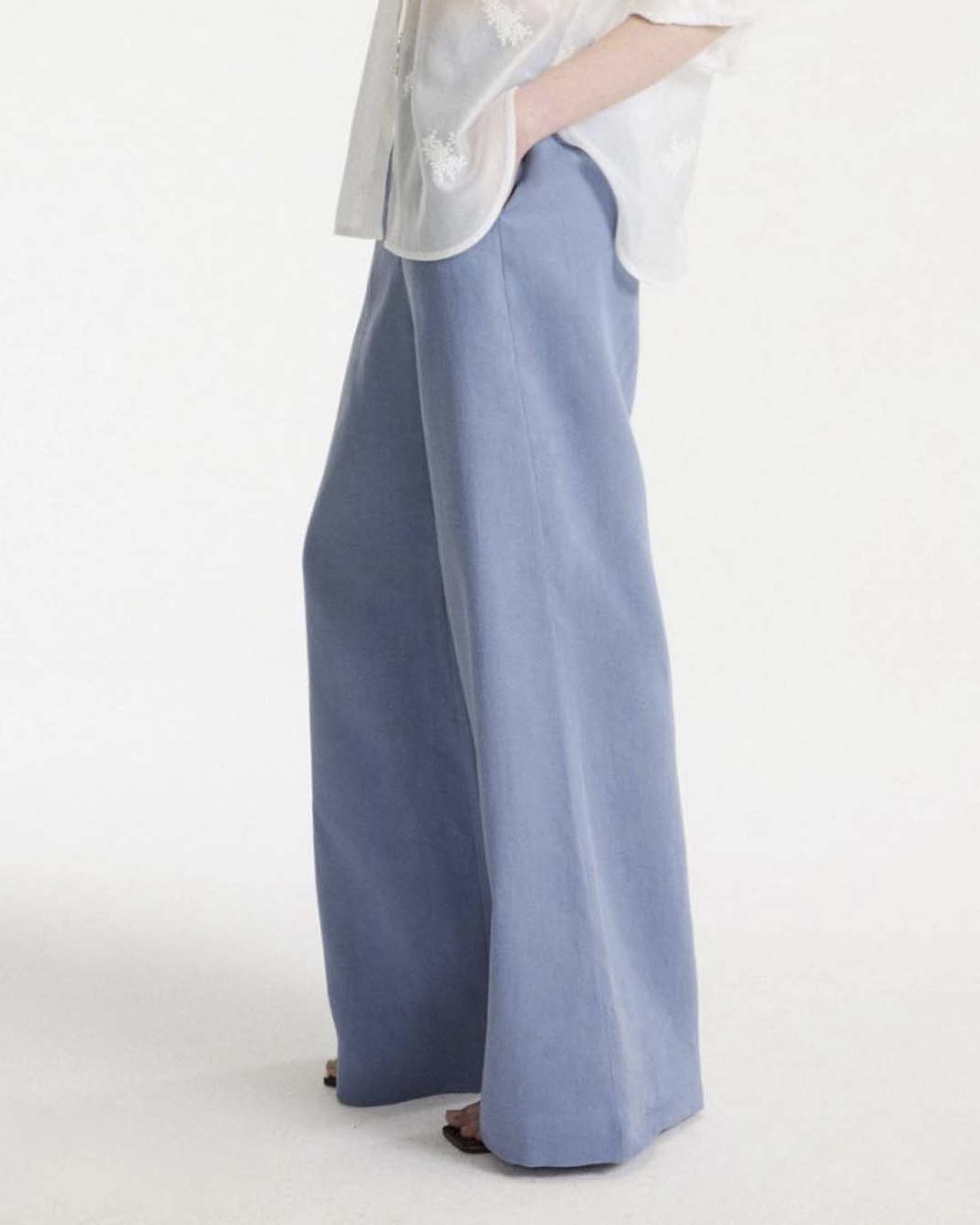 Pantaloni wide Marella azzurri in puro lino lavato con chiusura a gancio image