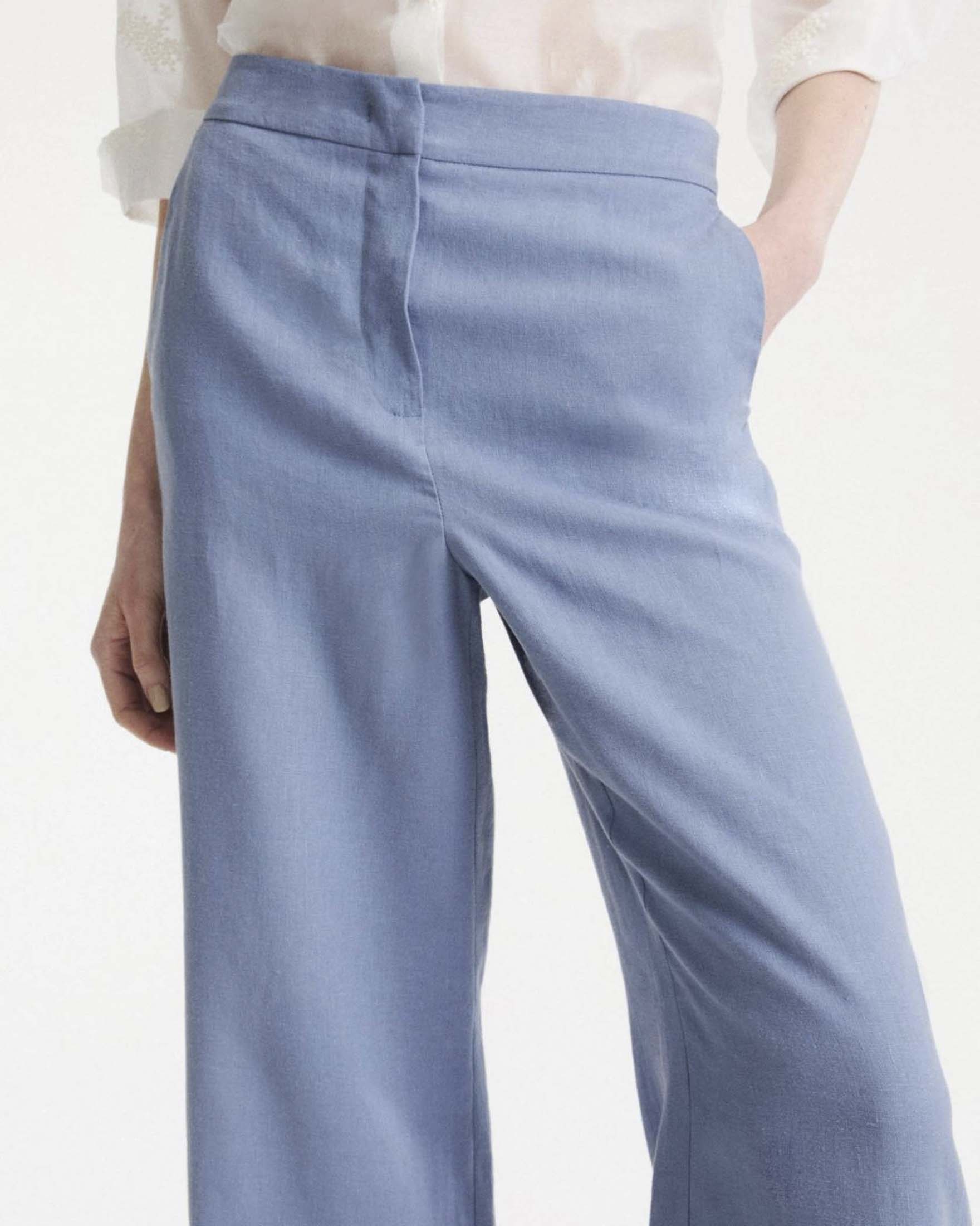 Pantaloni wide Marella azzurri in puro lino lavato con chiusura a gancio