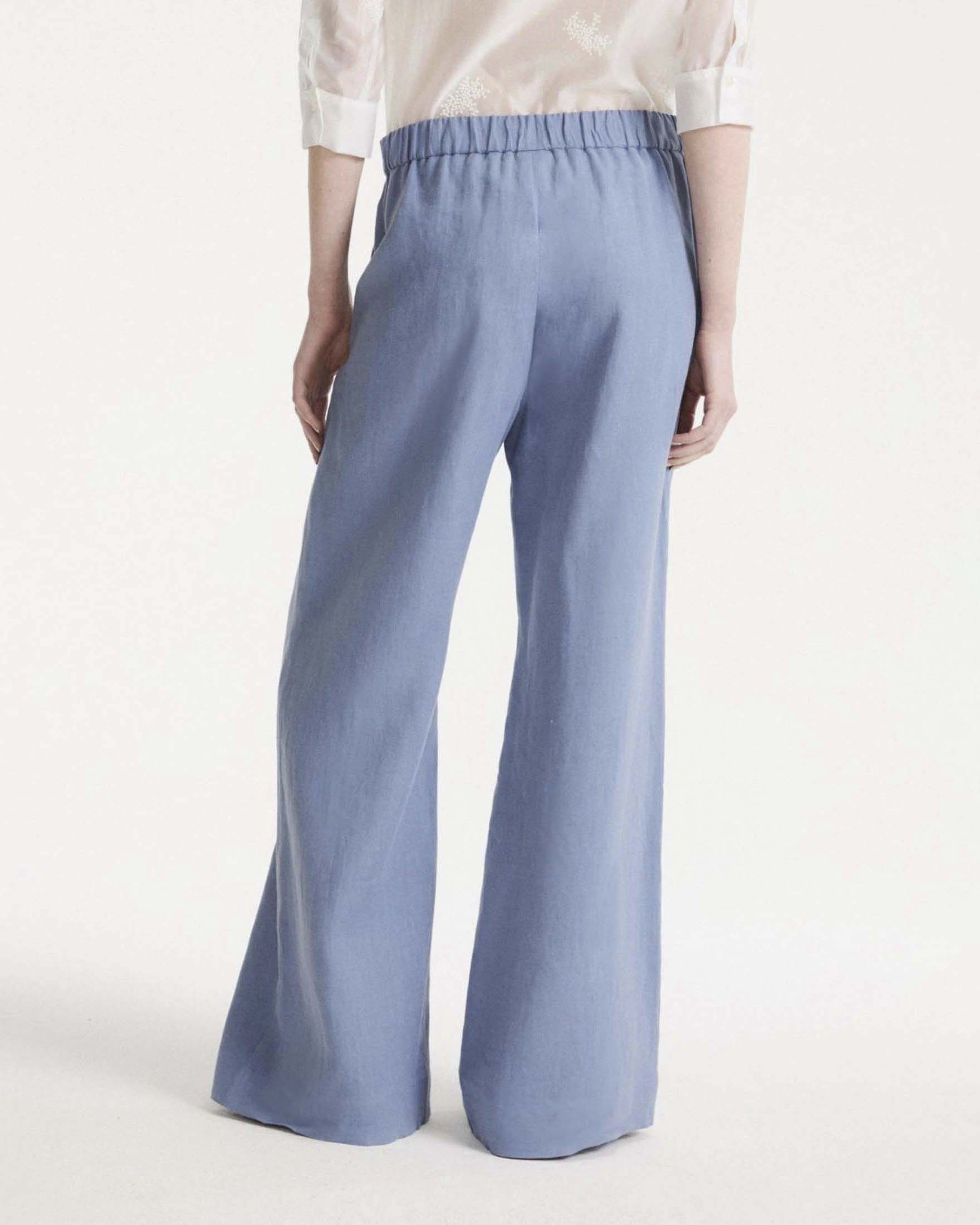 Pantaloni wide Marella azzurri in puro lino lavato con chiusura a gancio