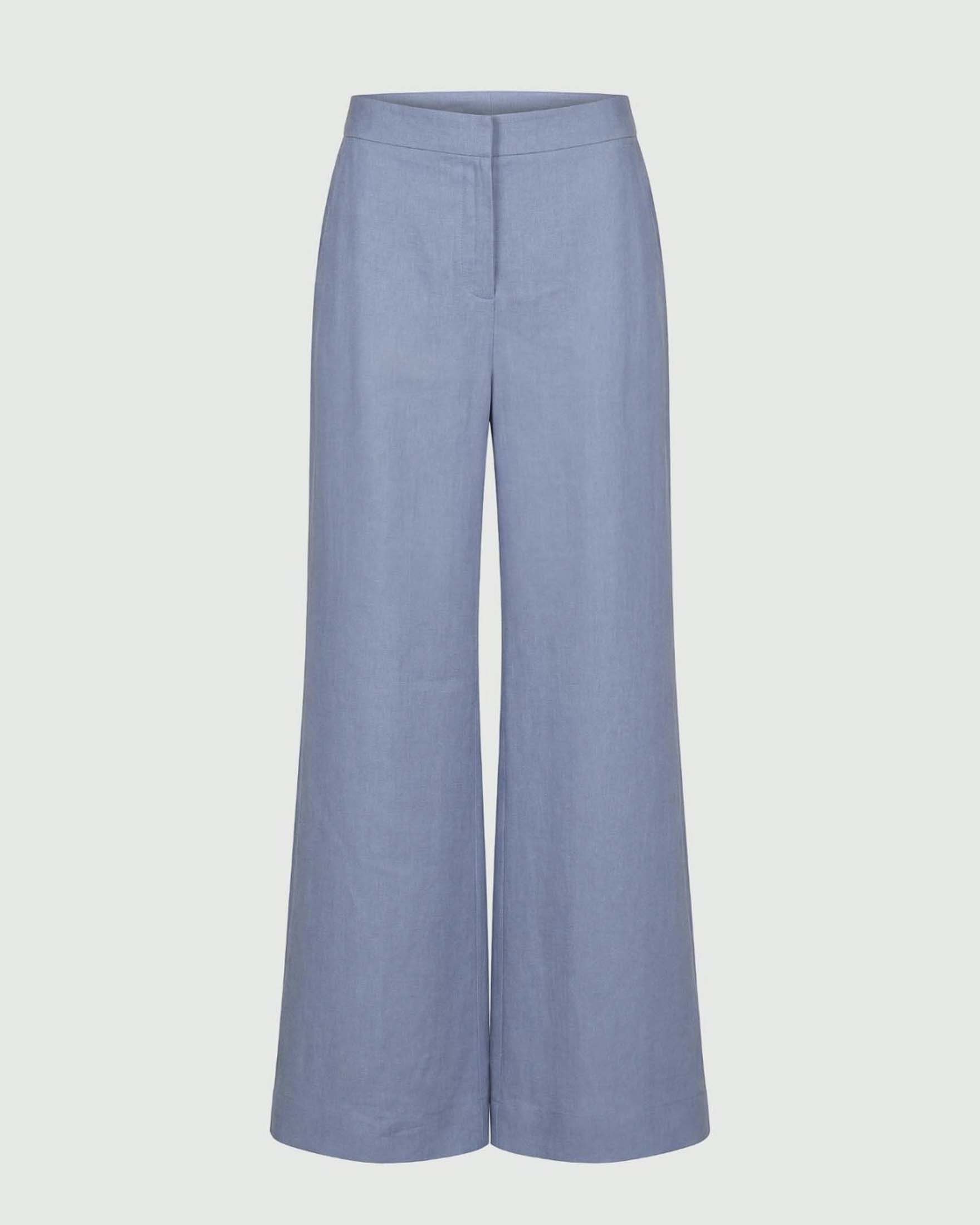 Pantaloni wide Marella azzurri in puro lino lavato con chiusura a gancio